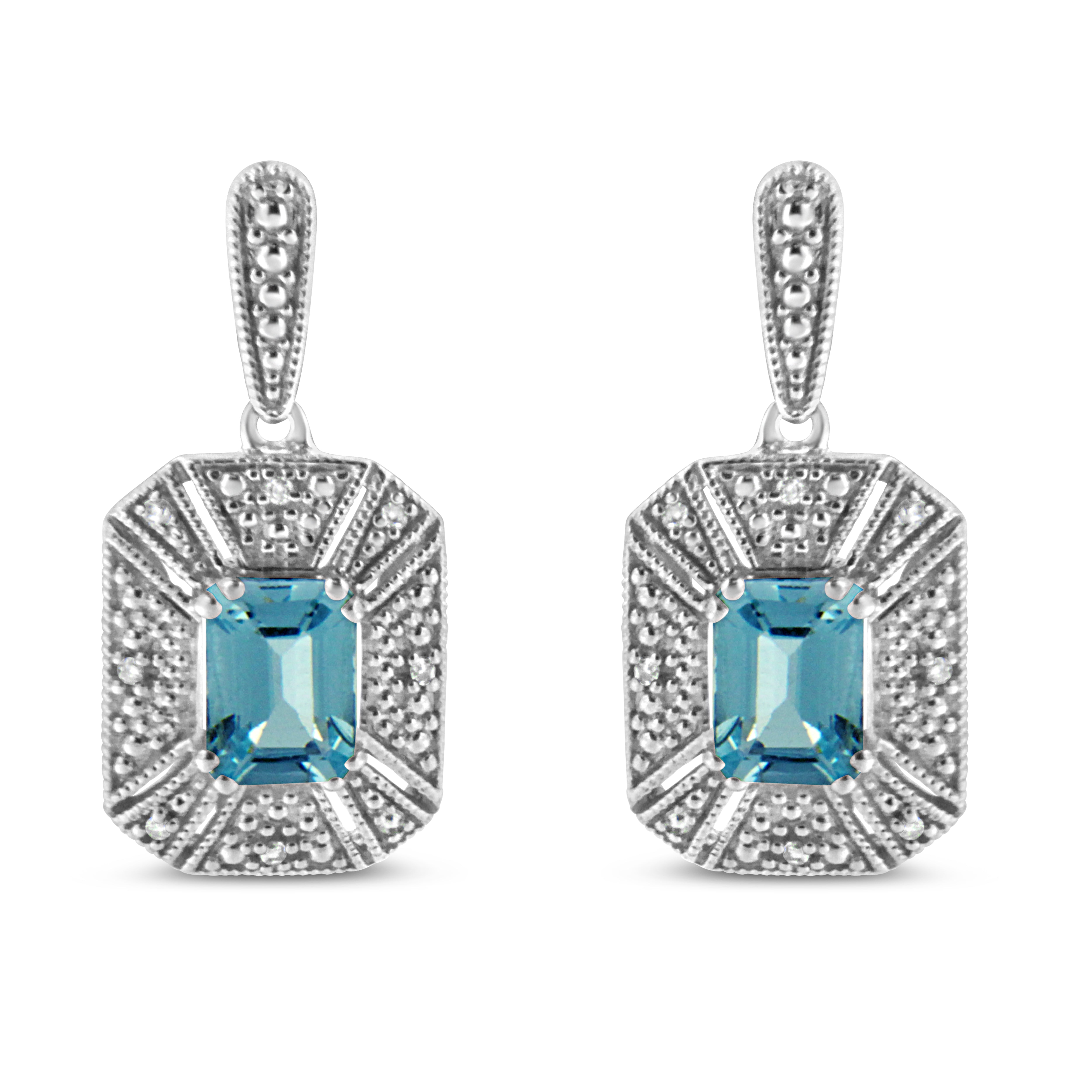 .925 Sterling Silver 7x5MM Emerald Shape Blue Topaz and Diamond Accent Art Deco Halo Style Drop and Dangle Earrings I-J Color, I1-I2 Clarity on sale at MyriadMart