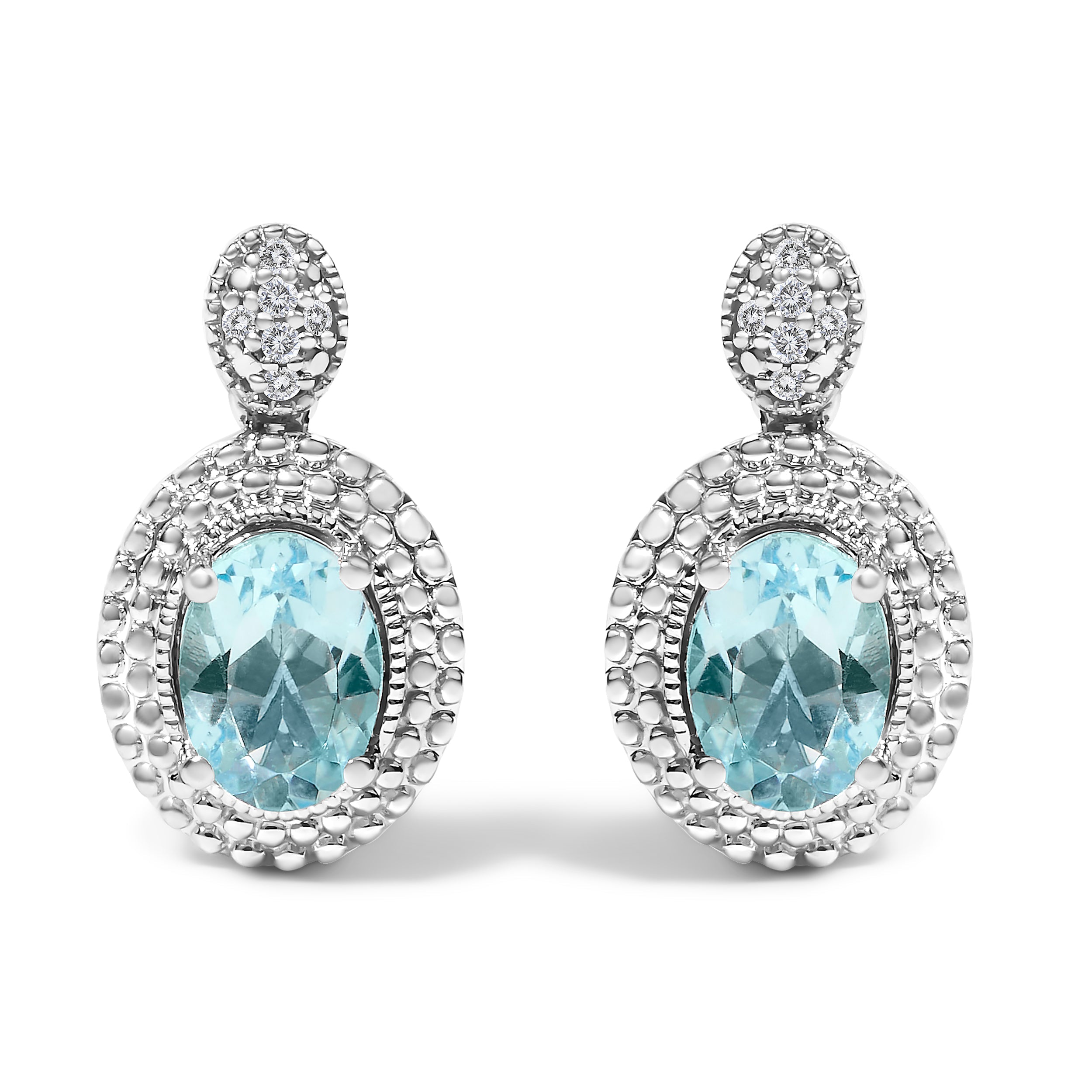 .925 Sterling Silver Diamond Accent and Oval Blue Topaz with Beaded Halo Drop Stud Earrings I-J color, I1-I2 Clarity on sale at MyriadMart