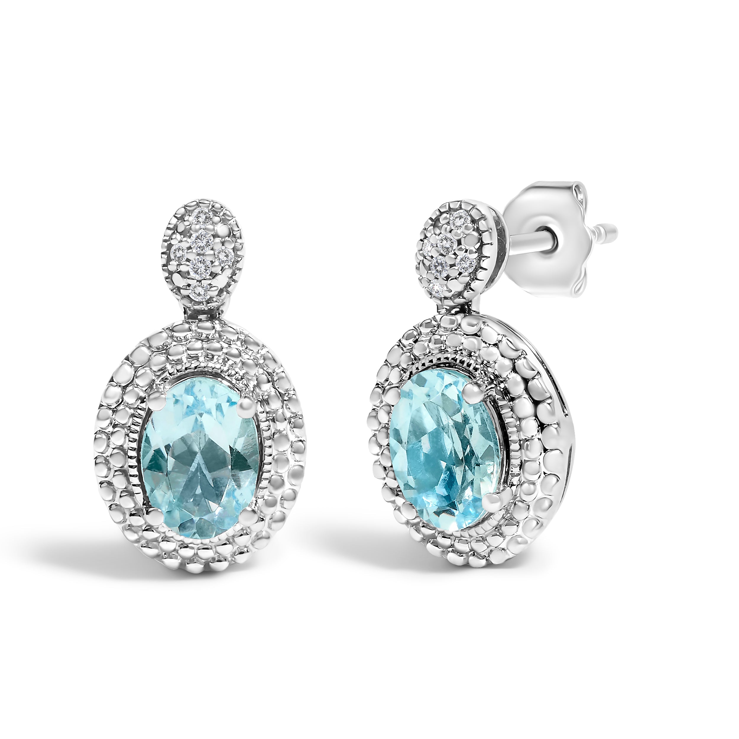 .925 Sterling Silver Diamond Accent and Oval Blue Topaz with Beaded Halo Drop Stud Earrings I-J color, I1-I2 Clarity on sale at MyriadMart