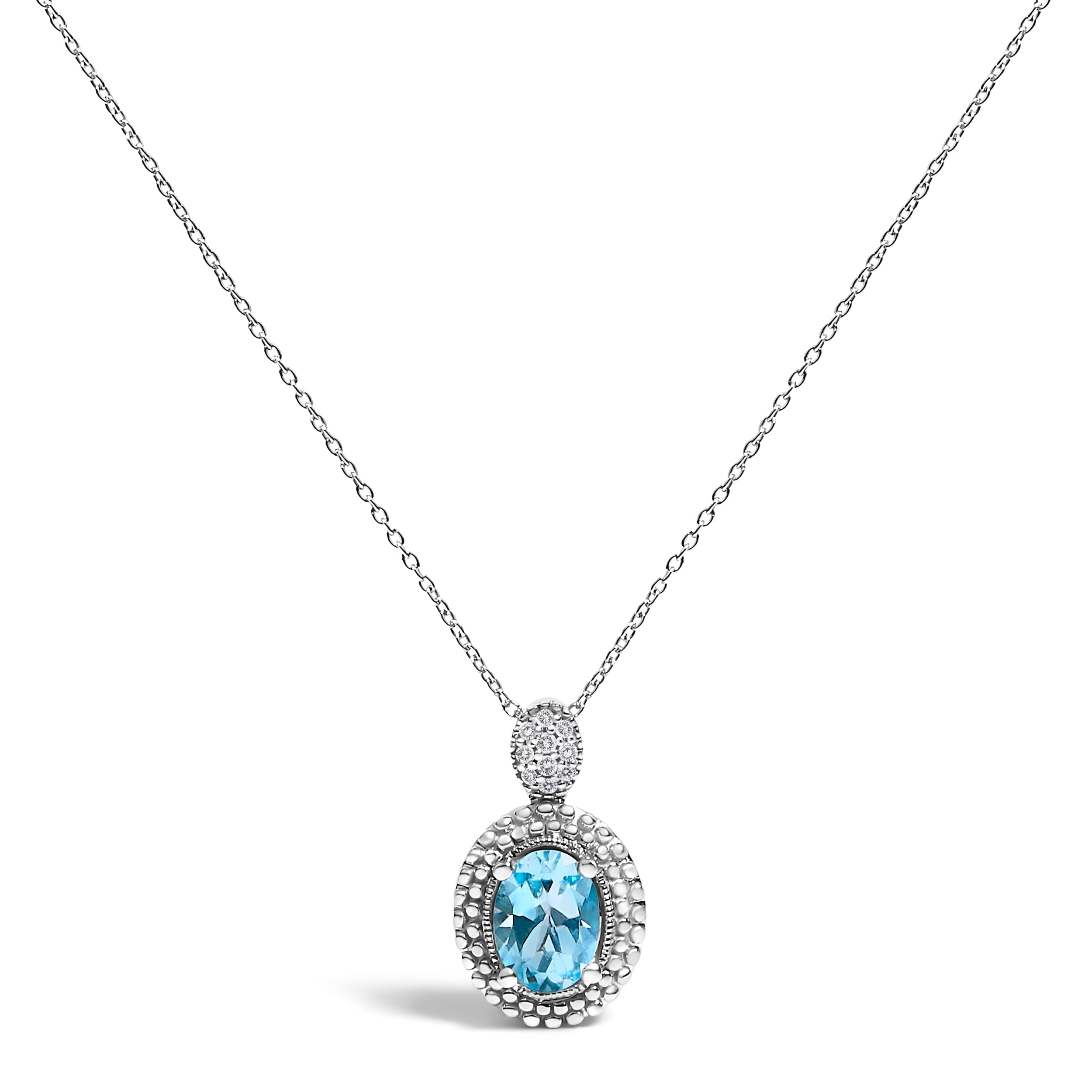.925 Sterling Silver Oval Blue Topaz and Diamond Accent with Beaded Halo Pendant Necklace - 18" Inches on sale at MyriadMart