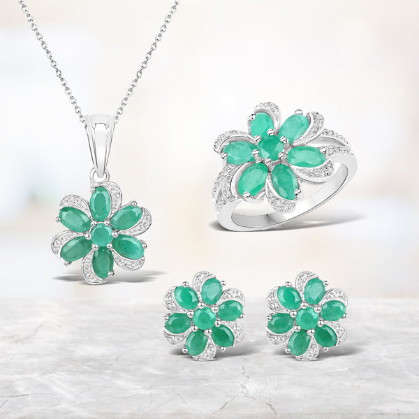 7.84 Carat Genuine Emerald and White Topaz .925 Sterling Silver 3 Piece Jewelry Set Ring, Earrings, and Pendant w/ Chain on sale at MyriadMart