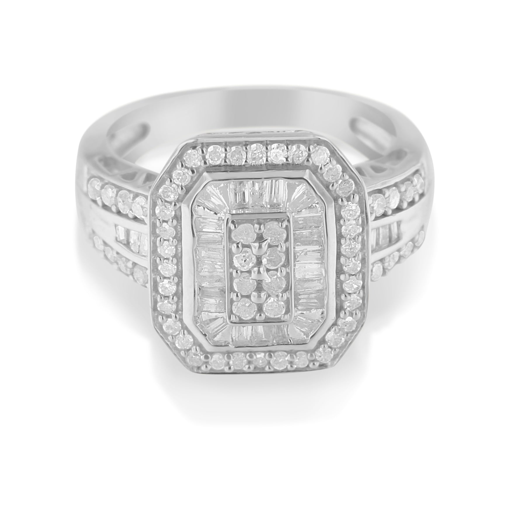 .925 Sterling Silver 1.0 Cttw Round and Baguette Cut Diamond Elongated Octagon Shaped Cocktail Ring H-I Color, I2-I3 Clarity - Size 7 on sale at MyriadMart