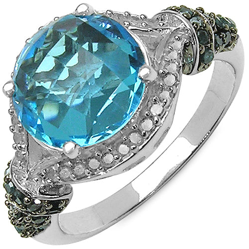 4.96 Carat Genuine Blue Topaz, Blue Diamond & White Diamond .925 Sterling Silver Ring on sale at MyriadMart