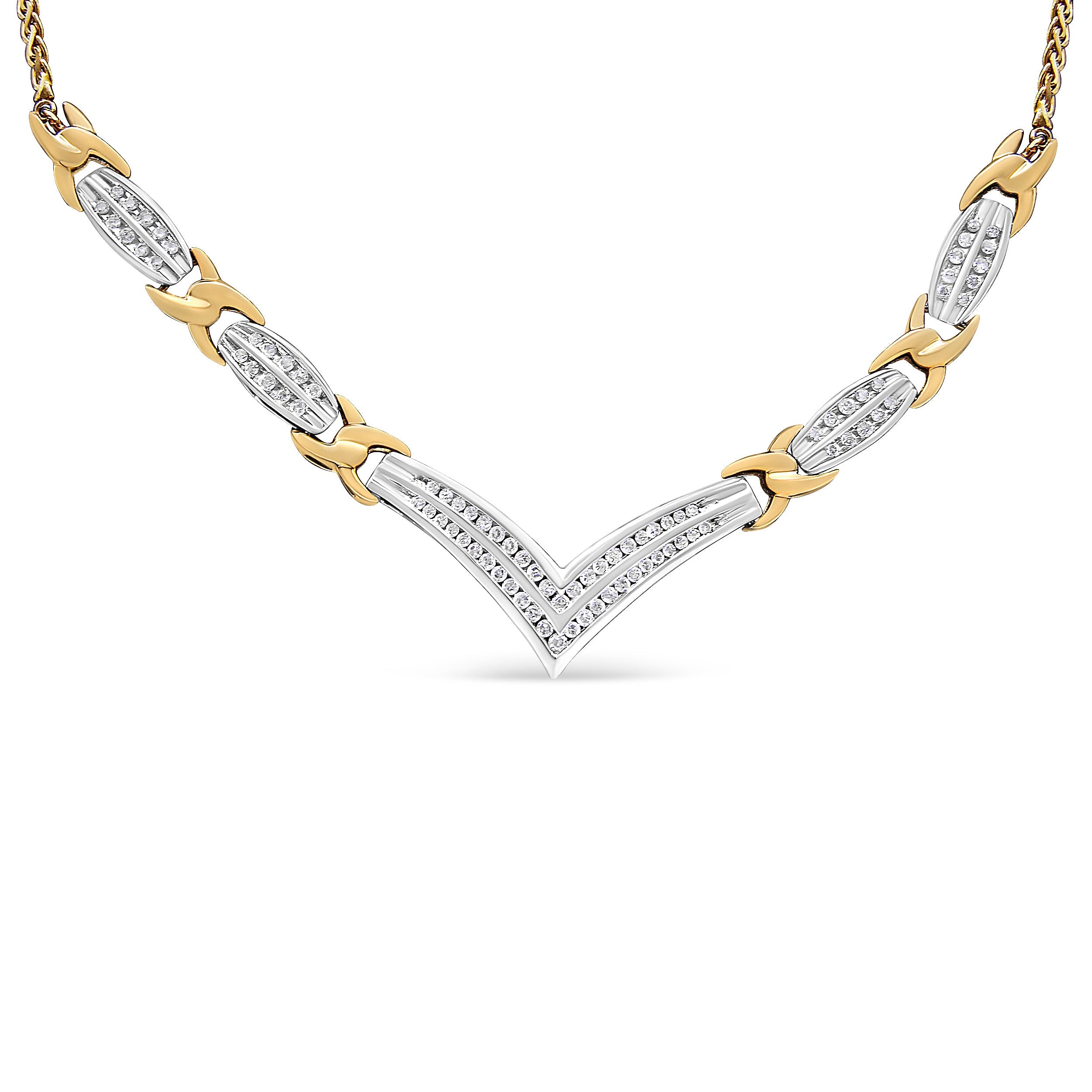 10K Yellow and White Gold 1.0 Cttw Round and Princess cut Diamond "V" Shape Statement Necklace I-J Color, I1-I2 Clarity on sale at MyriadMart