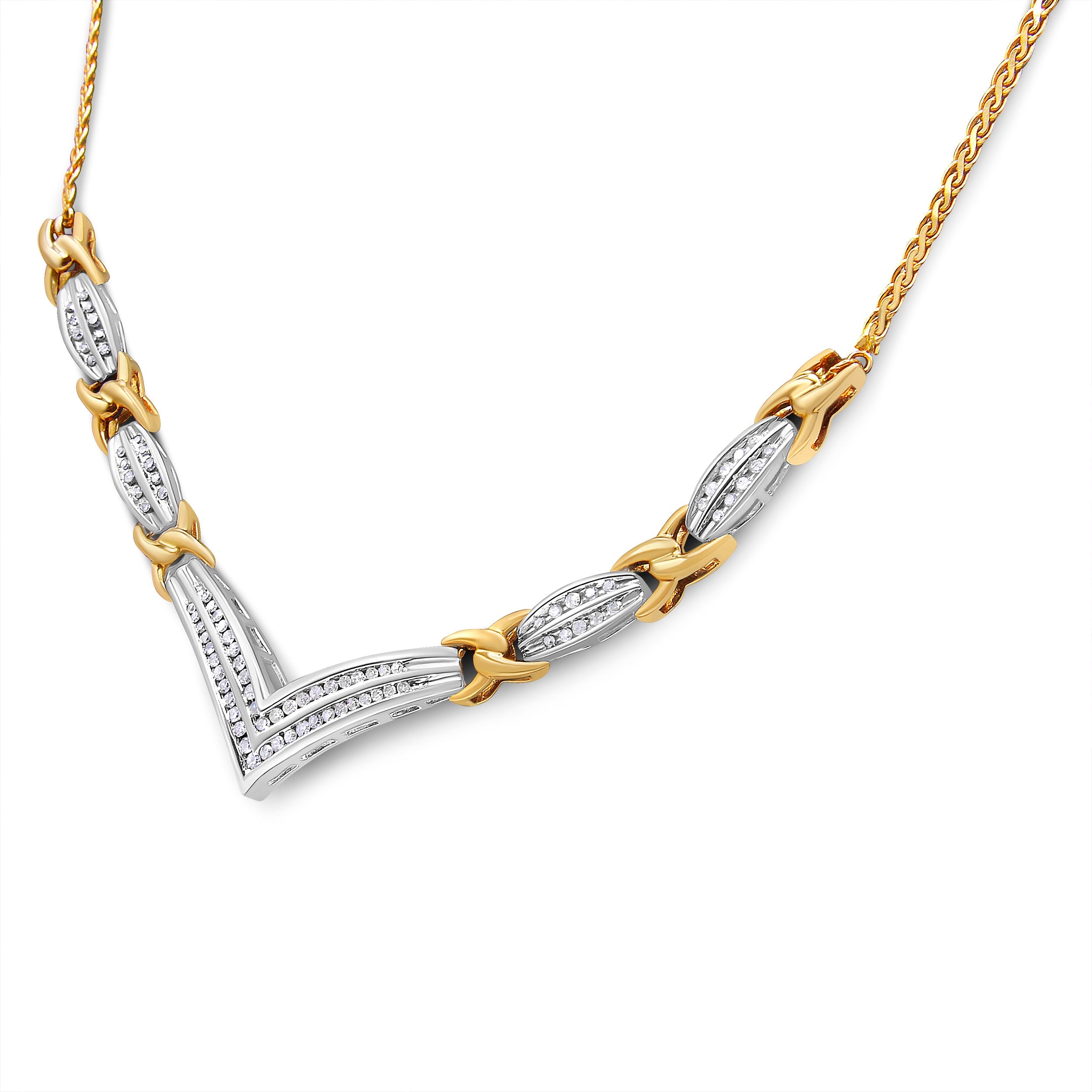10K Yellow and White Gold 1.0 Cttw Round and Princess cut Diamond "V" Shape Statement Necklace I-J Color, I1-I2 Clarity on sale at MyriadMart