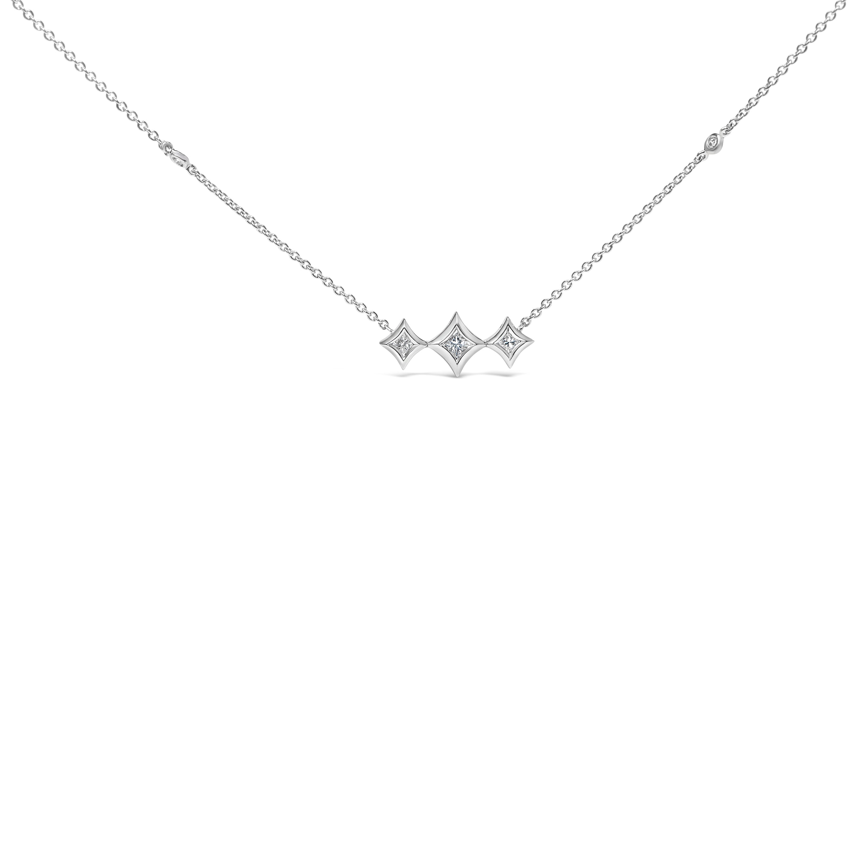 10K White Gold Bezel Set Princess Diamond 3 Stone Kite Shape and Station Necklace H-I Color, SI2-I1 Clarity - 18" Inches on sale at MyriadMart