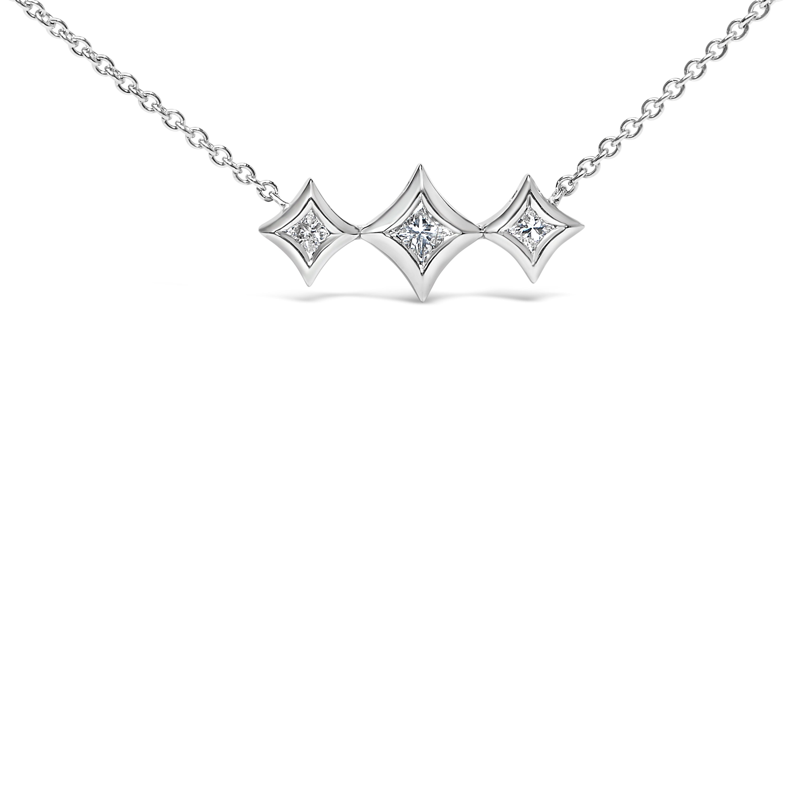 10K White Gold Bezel Set Princess Diamond 3 Stone Kite Shape and Station Necklace H-I Color, SI2-I1 Clarity - 18" Inches on sale at MyriadMart
