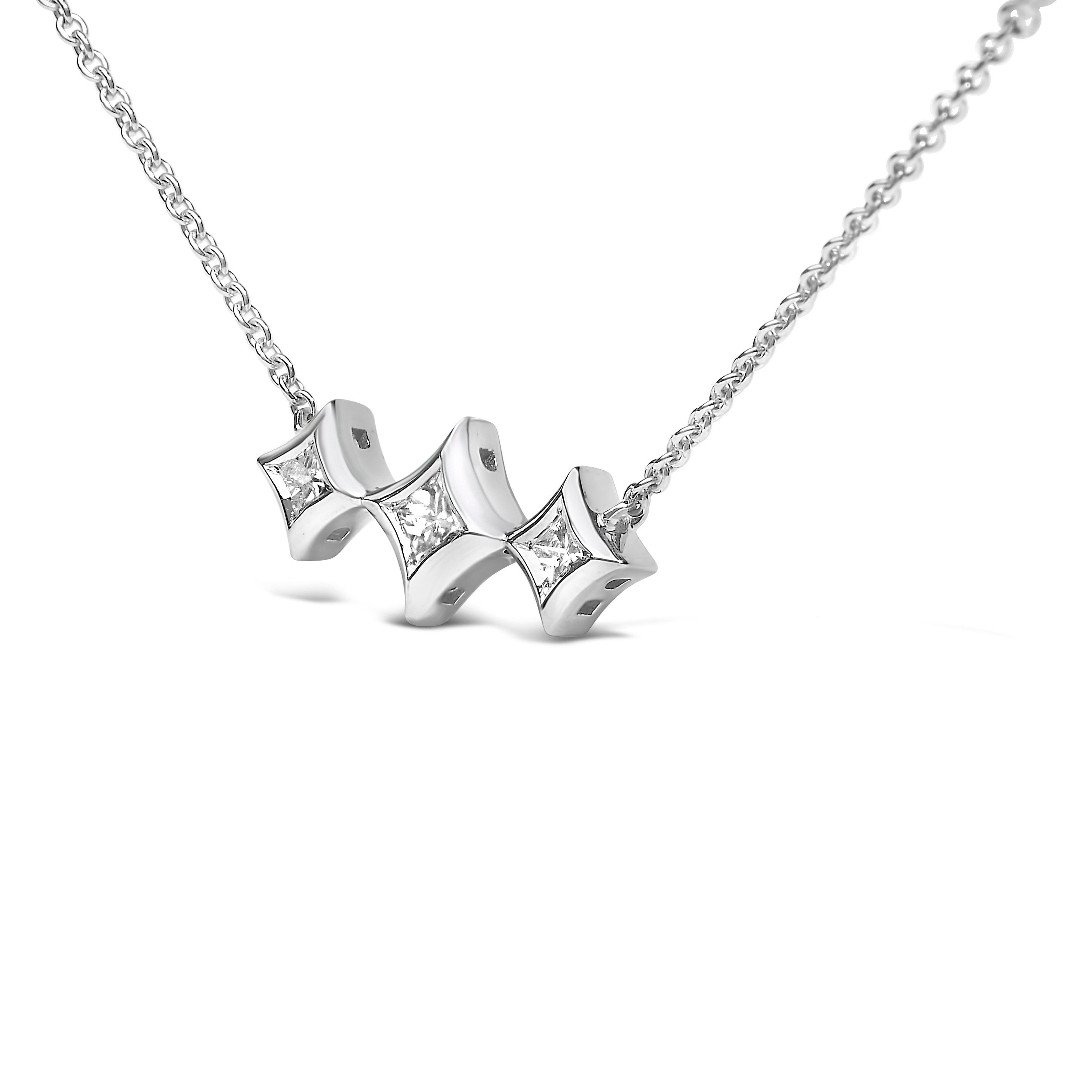 10K White Gold Bezel Set Princess Diamond 3 Stone Kite Shape and Station Necklace H-I Color, SI2-I1 Clarity - 18" Inches on sale at MyriadMart