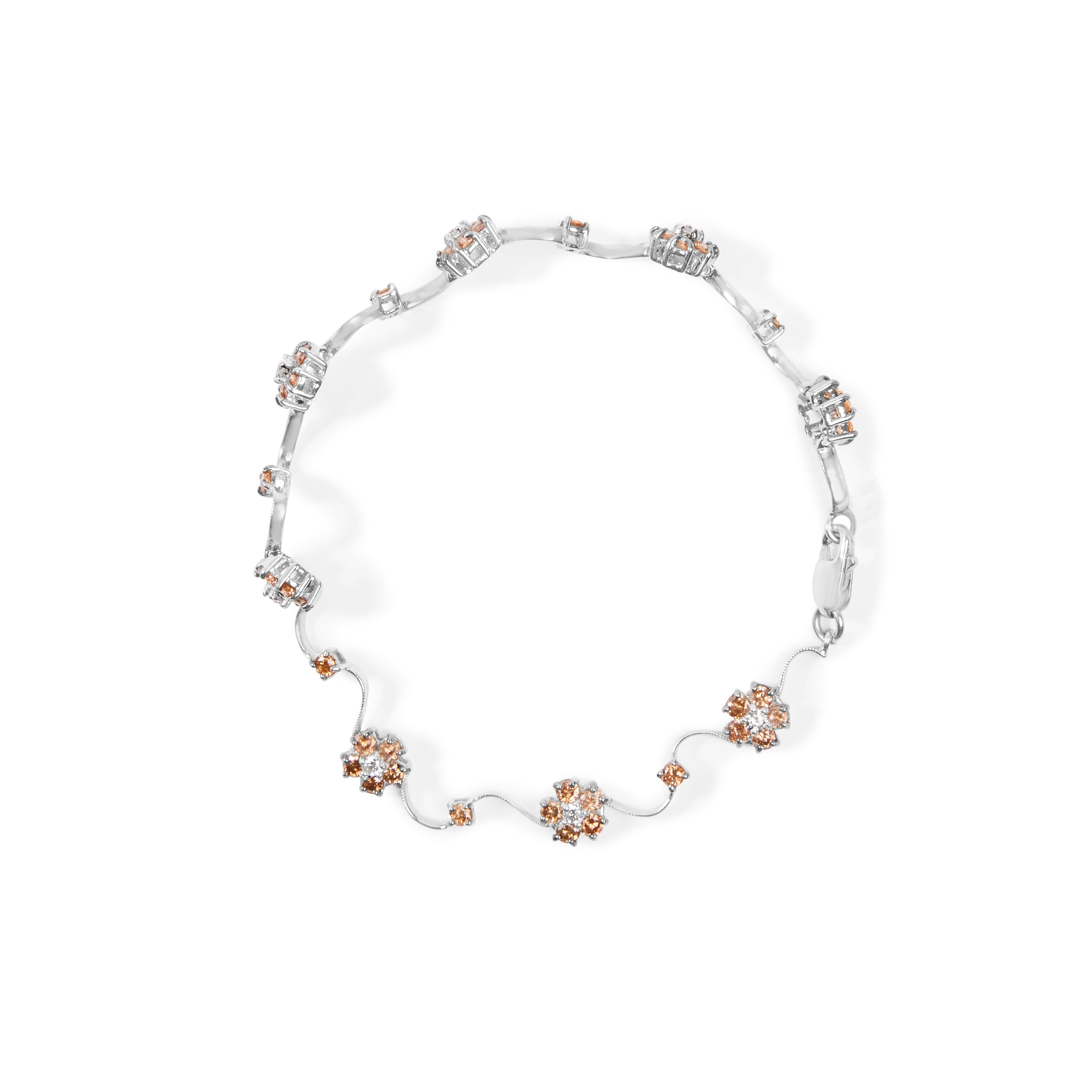 10K White Gold 4.0 Cttw Champagne and White Diamond Floral Cluster and Station Link Bracelet H-I Color, SI2-I1 Clarity - 7" Inches on sale at MyriadMart