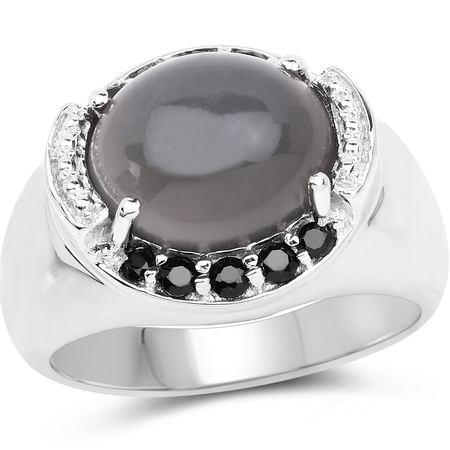 5.68 Carat Genuine Grey Moonstone & Black Spinel .925 Sterling Silver Ring on sale at MyriadMart