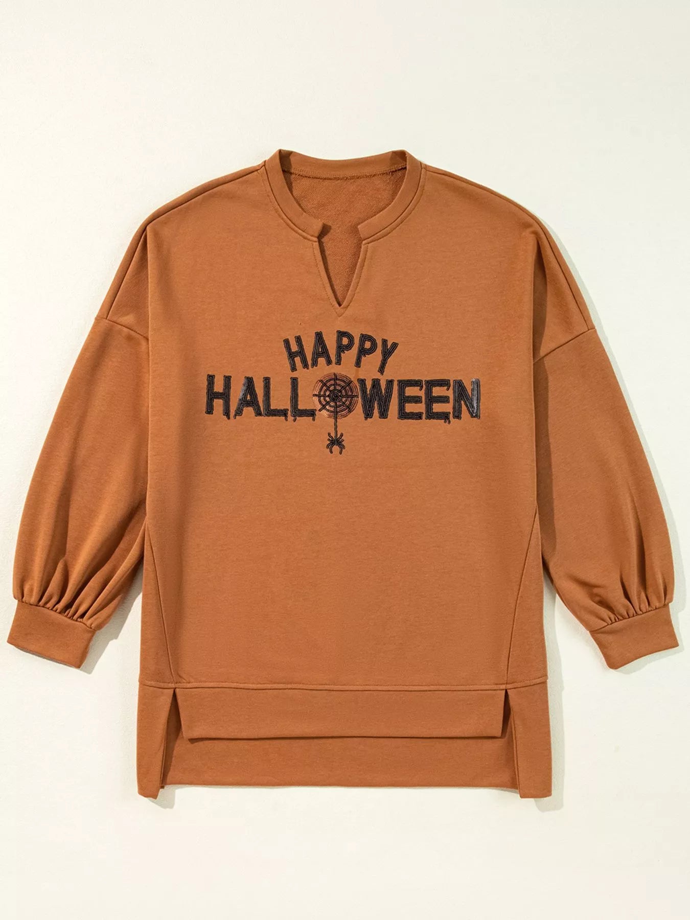 Happy Halloween Graphic Notched Long Sleeve Loose Top - MyriadMart