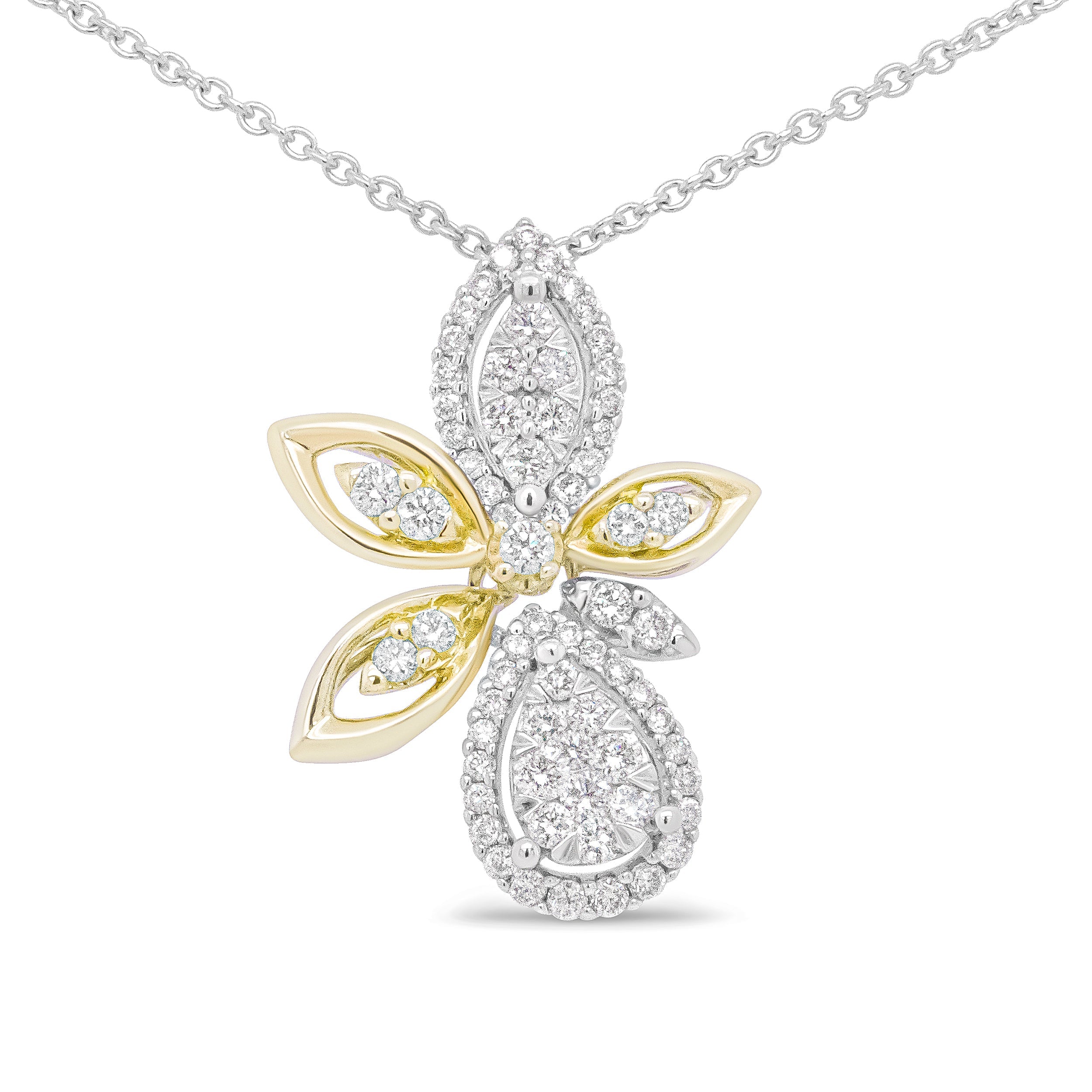 14K White and Yellow Gold 5/8 Cttw Round Diamond Marquise Floral Style 18" Pendant Necklace H-I Color, I1-I2 Clarity on sale at MyriadMart
