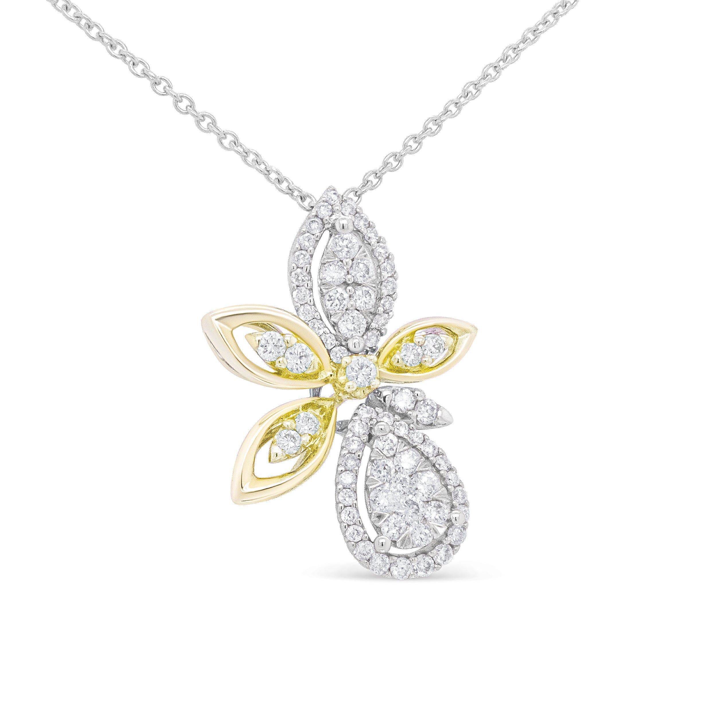 14K White and Yellow Gold 5/8 Cttw Round Diamond Marquise Floral Style 18" Pendant Necklace H-I Color, I1-I2 Clarity on sale at MyriadMart