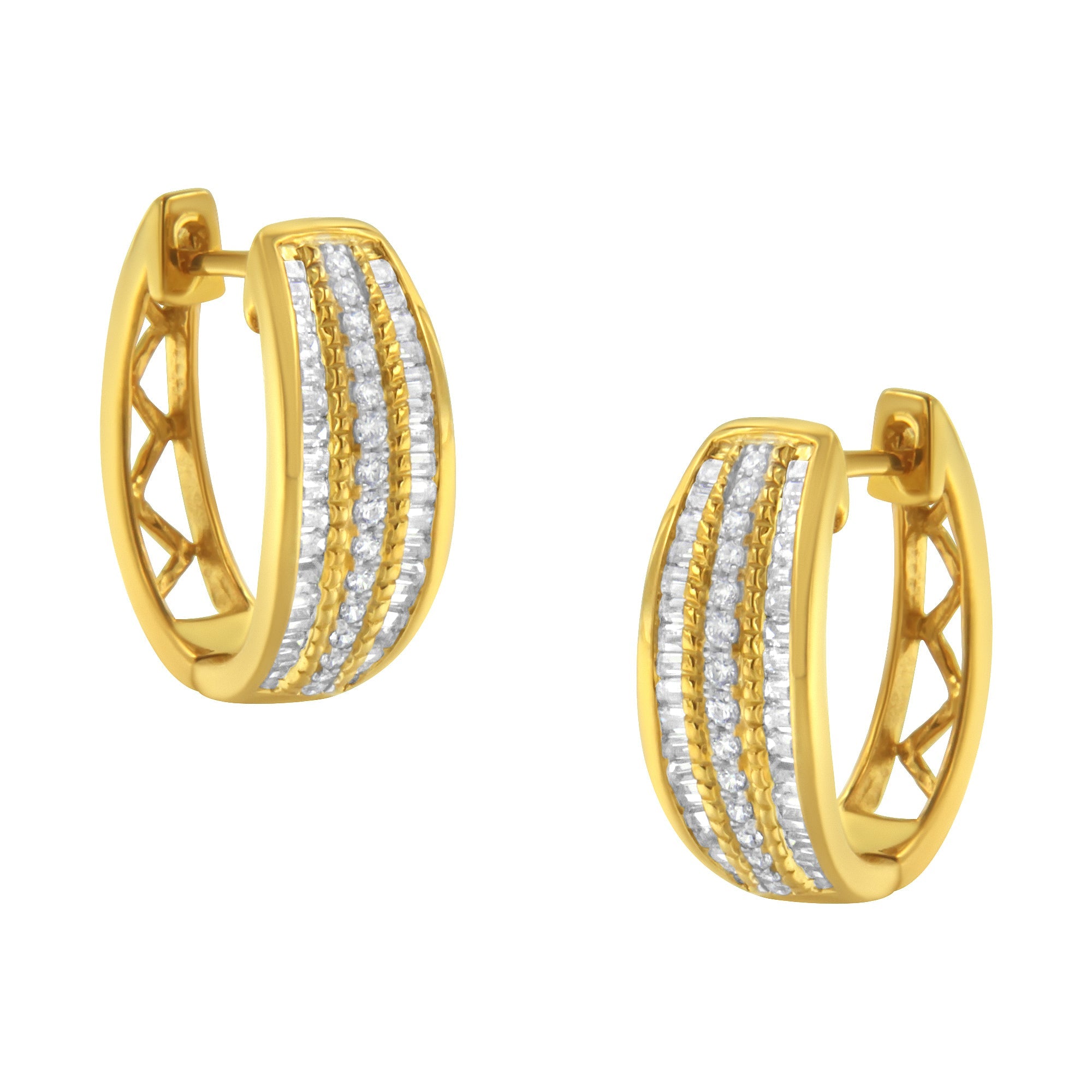 10K Yellow Gold 3/4 Cttw Pave and Channel Set Diamond Triple Row Modern Hoop Earrings I-J Color, I2-I3 Clarity on sale at MyriadMart