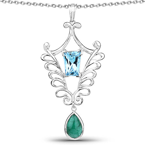 9.23 Carat Genuine Emerald and Swiss Blue Topaz .925 Sterling Silver Pendant on sale at MyriadMart