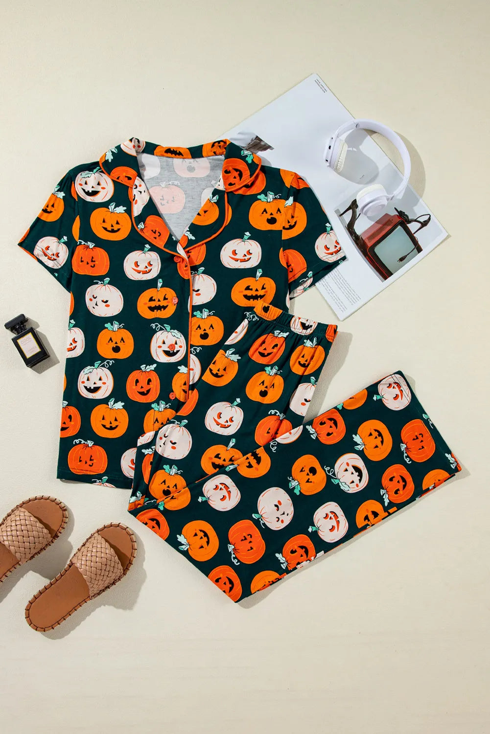 Pumpkin Printed Short Sleeve Top and Pants Lounge Set - MyriadMart