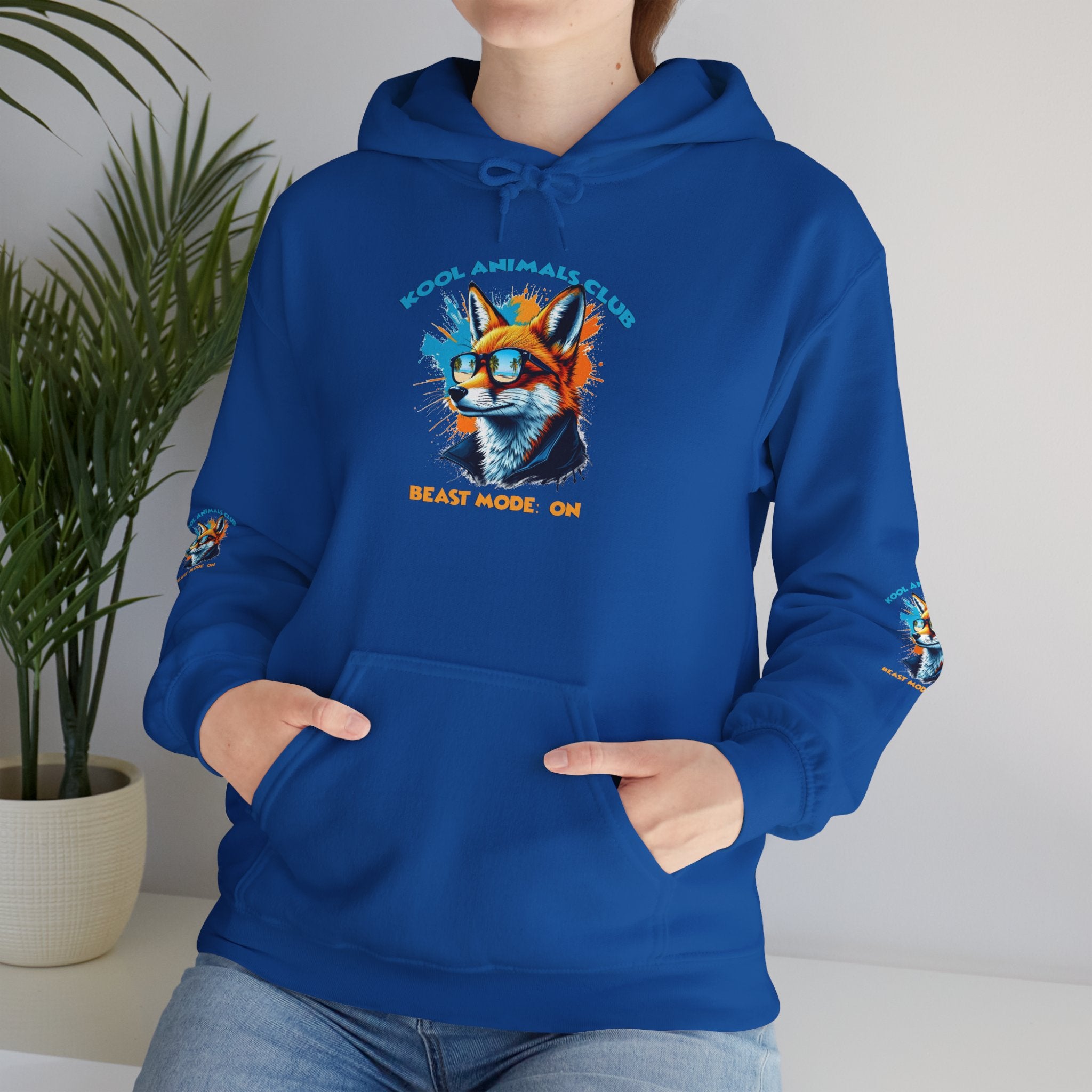 Kool Animals Club Hoodie with Cool Fox in Sunglasses and ‘Beast Mode On’ Design, Unisex Sweatshirt for Animal Lovers, Casual Streetwear, Perfect Gift for Holidays on sale at MyriadMart