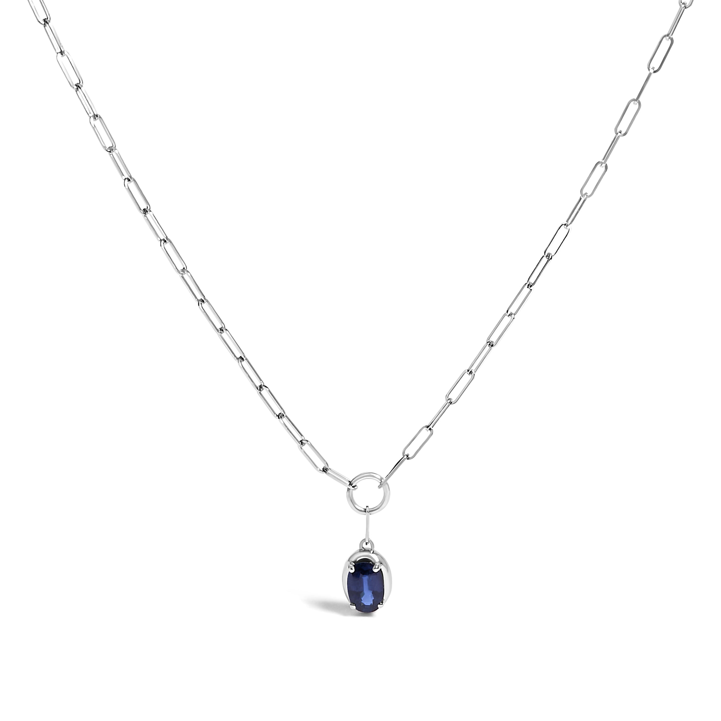 10K White Gold 6x4 mm Oval Blue Sapphire Solitaire Paperclip Pendant Necklace - 18" Inches on sale at MyriadMart