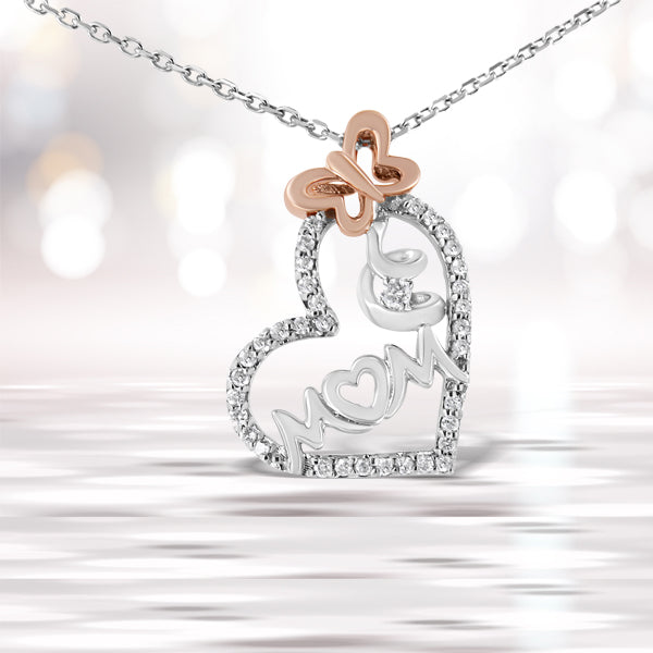 Two Tone .925 Sterling Silver 1/5 cttw Diamond "Mom" and Heart Pendant Necklace H-I, I1-I2 on sale at MyriadMart