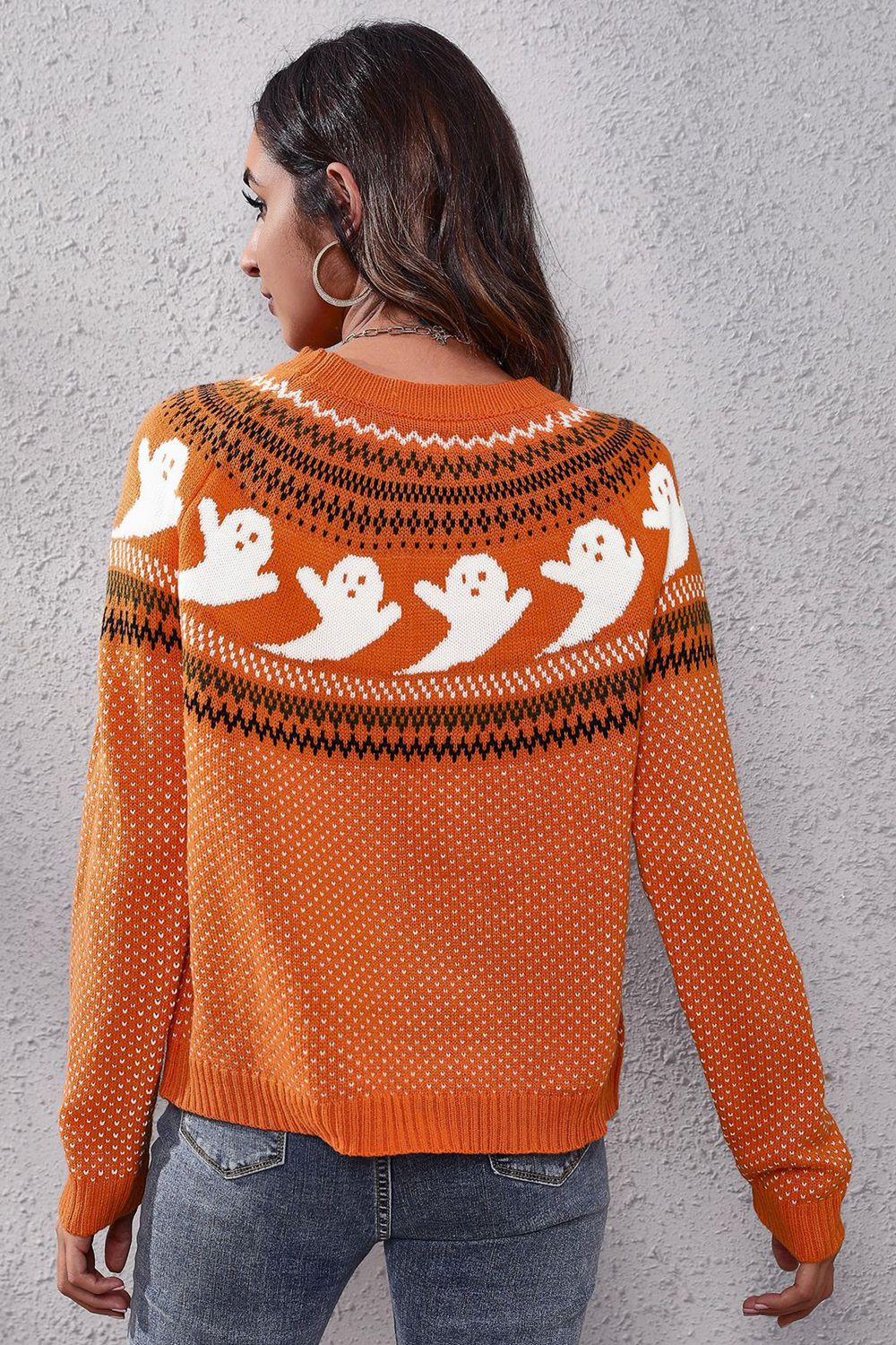 Ghost Pattern Round Neck Long Sleeve Sweater - MyriadMart