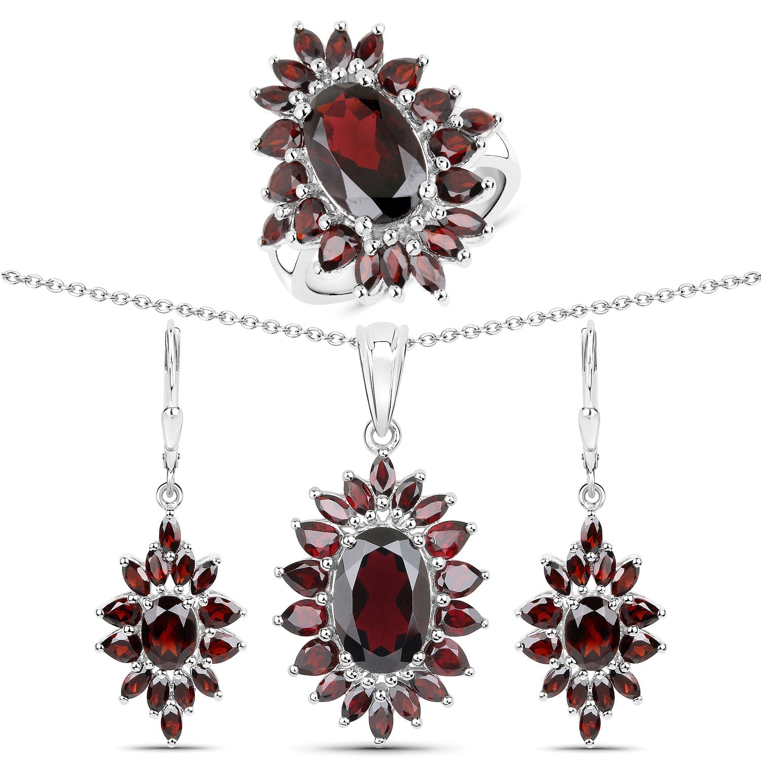 20.24 Carat Genuine Garnet .925 Sterling Silver 3 Piece Jewelry Set Ring, Earrings, and Pendant w/ Chain on sale at MyriadMart