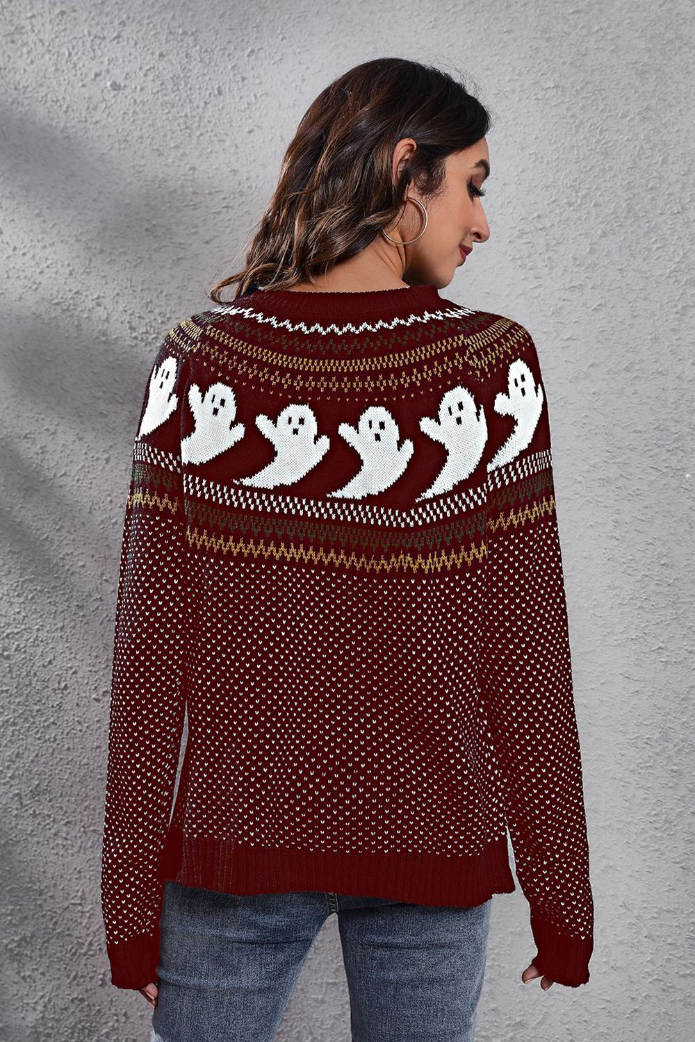 Ghost Pattern Round Neck Long Sleeve Sweater - MyriadMart