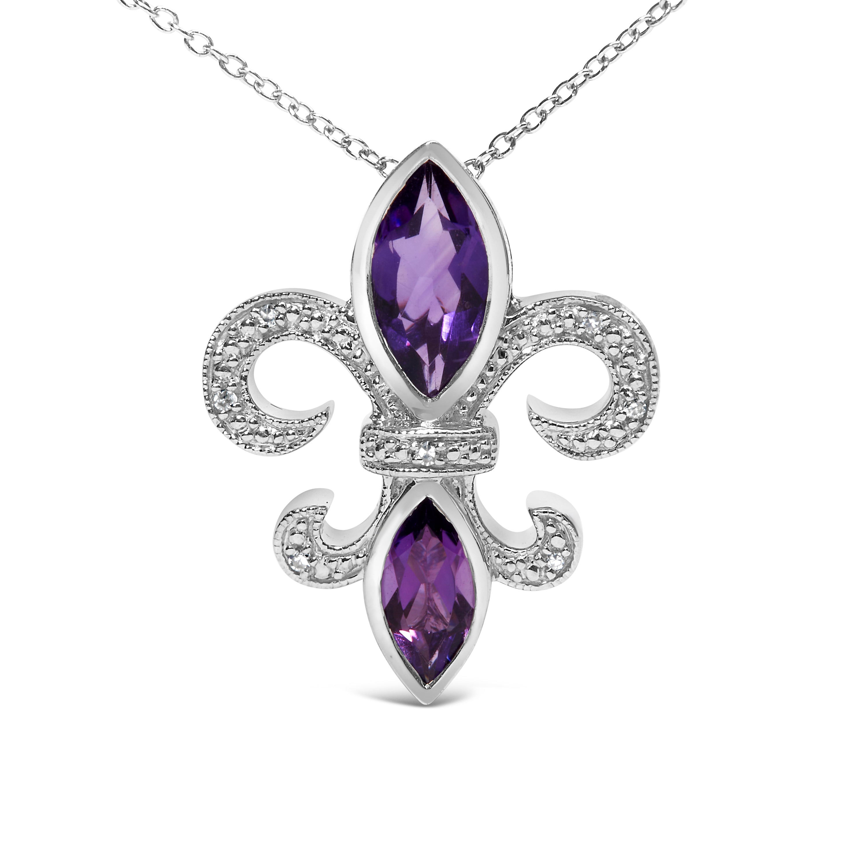 .925 Sterling Silver Purple Amethyst Marquise and Diamond Accent Fleur De Lis Pendant Necklace H-I Color, SI1-SI2 Clarity - Size 18" on sale at MyriadMart