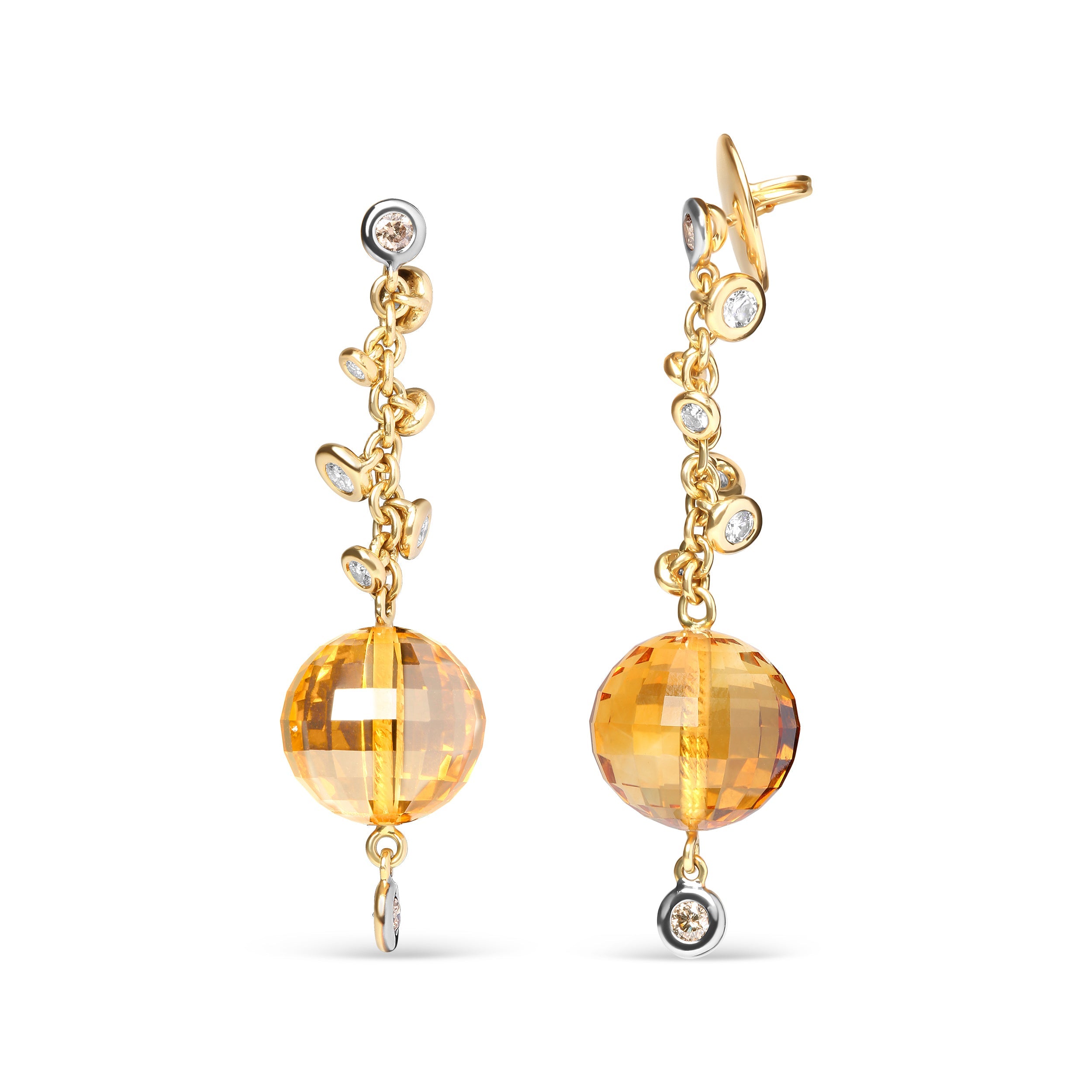 18K Yellow Gold 2/3 Cttw Round Bezel Diamond and 25mm Ball Shaped Yellow Citrine Gemstone Dangle Stud Earring Brown and G-H Color, SI1-SI2 Clarity on sale at MyriadMart