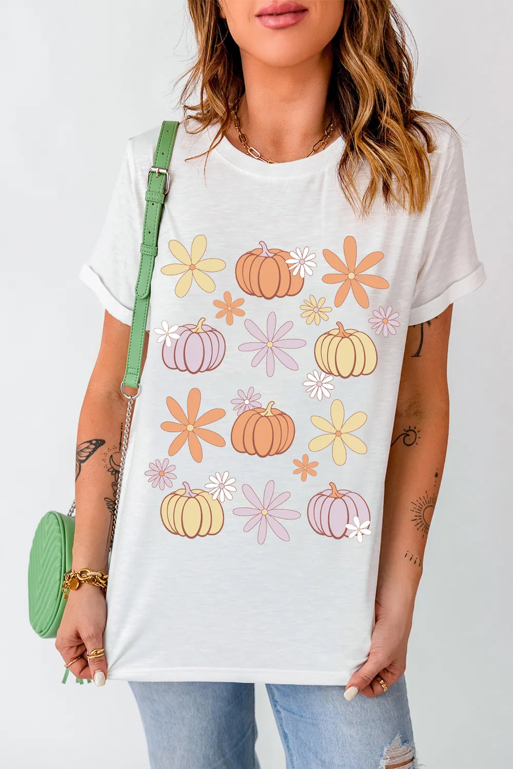 Pumpkin & Flower Round Neck Short Sleeve T-Shirt - MyriadMart