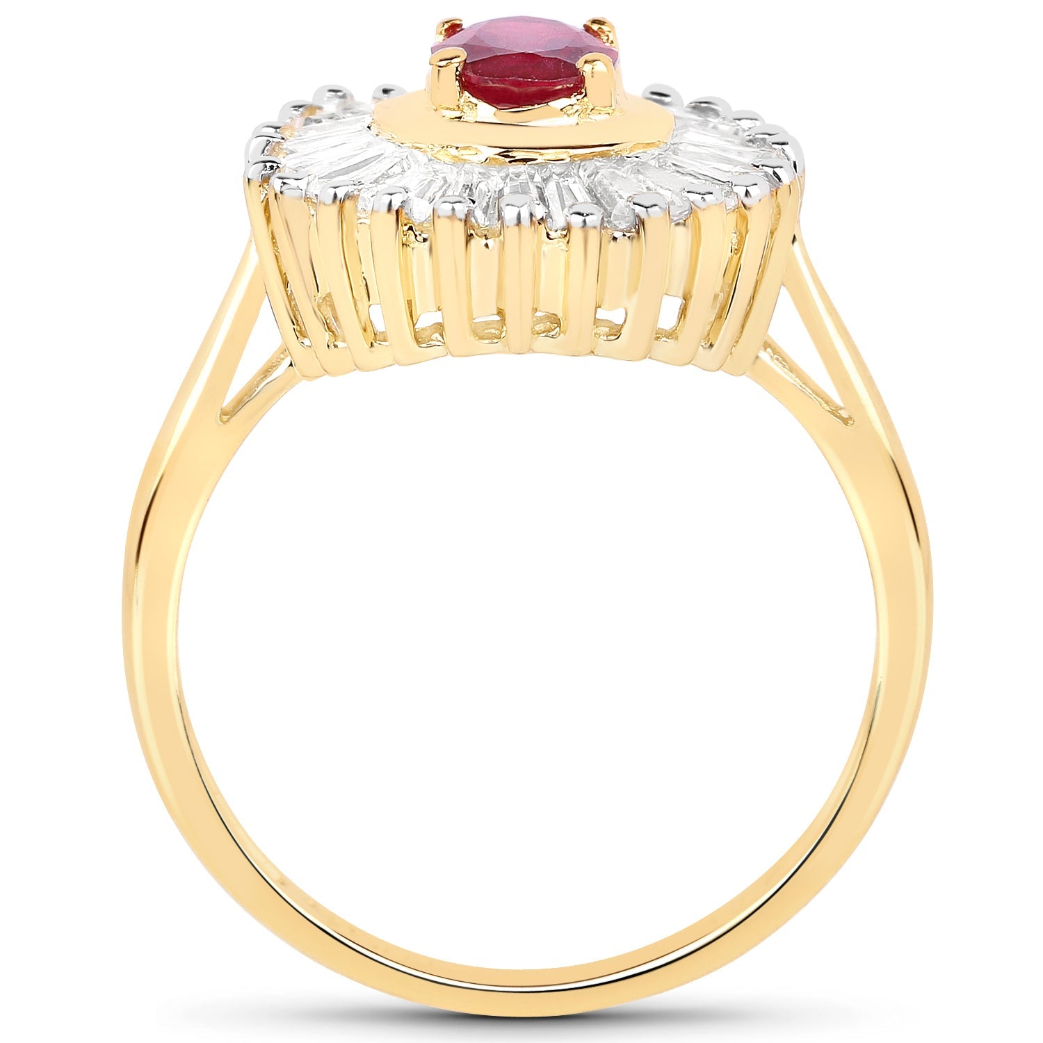 14K Yellow Gold Plated 2.44 Carat Glass Filled Ruby and White Topaz .925 Sterling Silver Ring on sale at MyriadMart