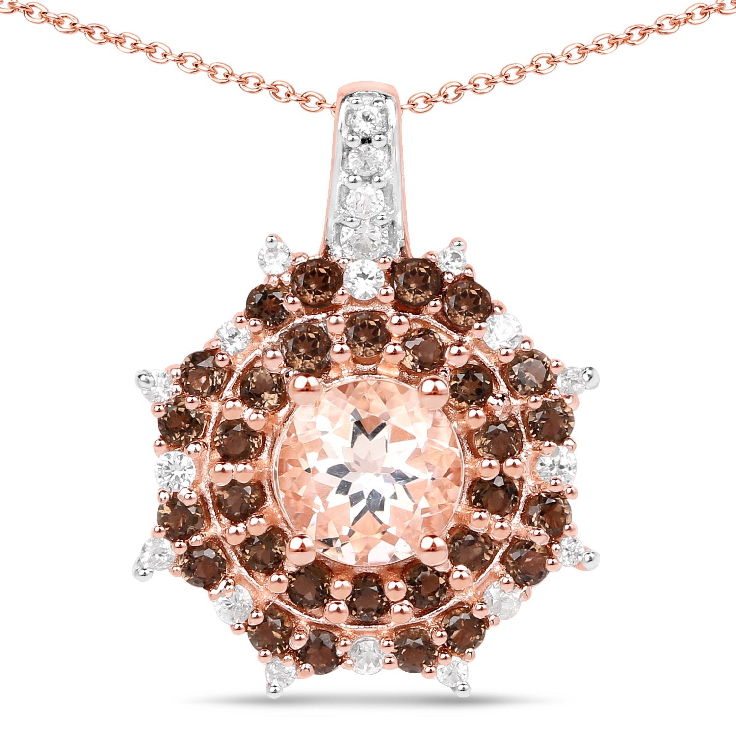 18K Rose Gold Plated 1.61 Carat Genuine Morganite, Smoky Quartz and White Zircon .925 Sterling Silver Pendant on sale at MyriadMart