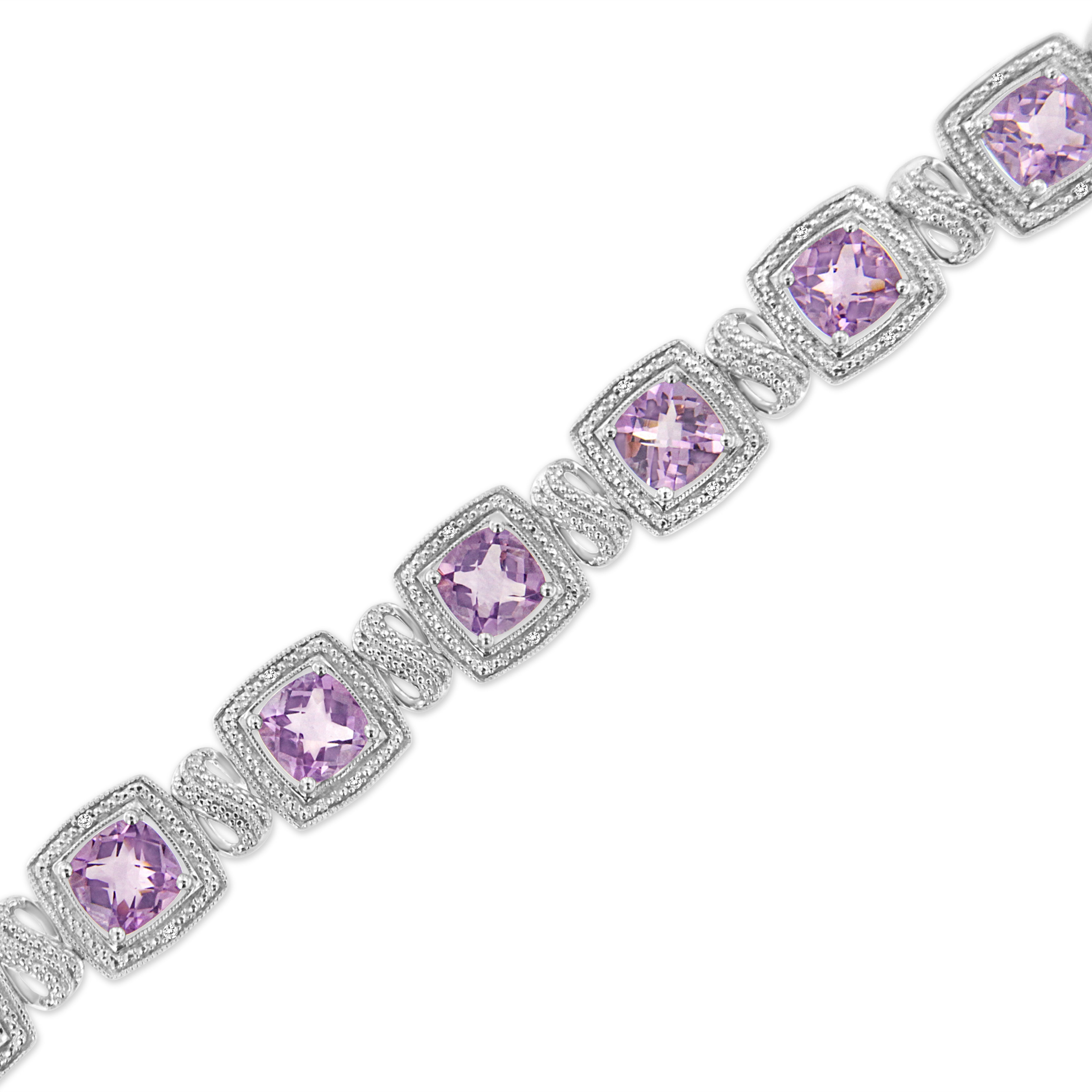 .925 Sterling Silver 7x7 mm Cushion Cut Purple Amethyst and 1/10 cttw Round Cut Diamond Square Shape Tennis Bracelet I-J Color, I1-I2 Clarity - 7" on sale at MyriadMart