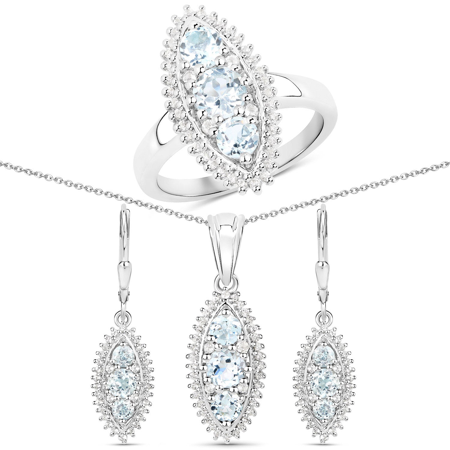 4.50 Carat Genuine Blue Topaz and White Topaz .925 Sterling Silver 3 Piece Jewelry Set Ring, Earrings, and Pendant w/ Chain on sale at MyriadMart