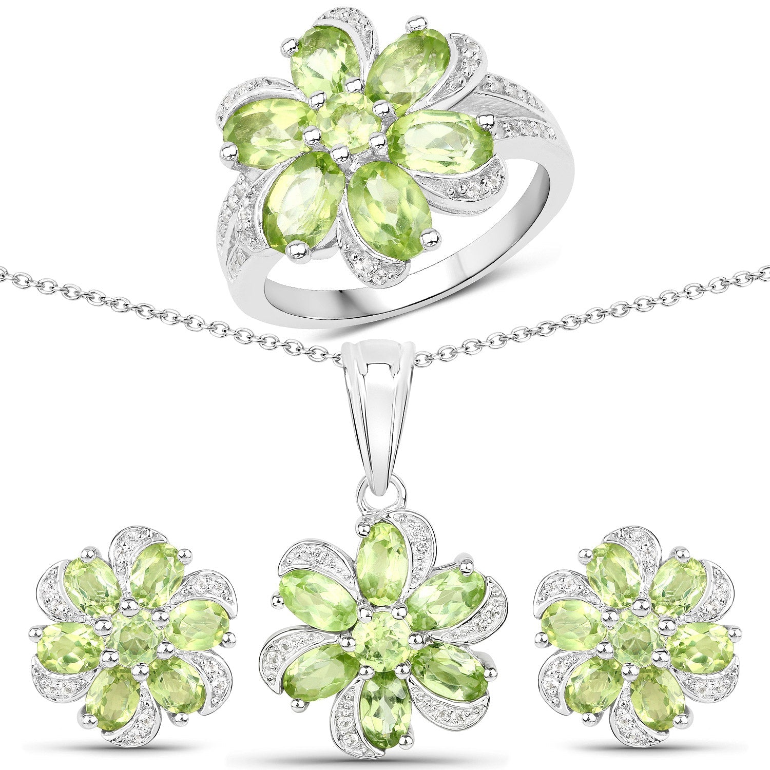 8.04 Carat Genuine Peridot and White Topaz .925 Sterling Silver 3 Piece Jewelry Set Ring, Earrings, and Pendant w/ Chain on sale at MyriadMart