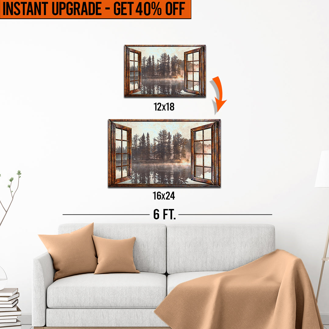 Upgrade Your 12x18 Inches 'Foggy Autumn Lake View By The Window' Canvas To 16x24 Inches on sale at MyriadMart