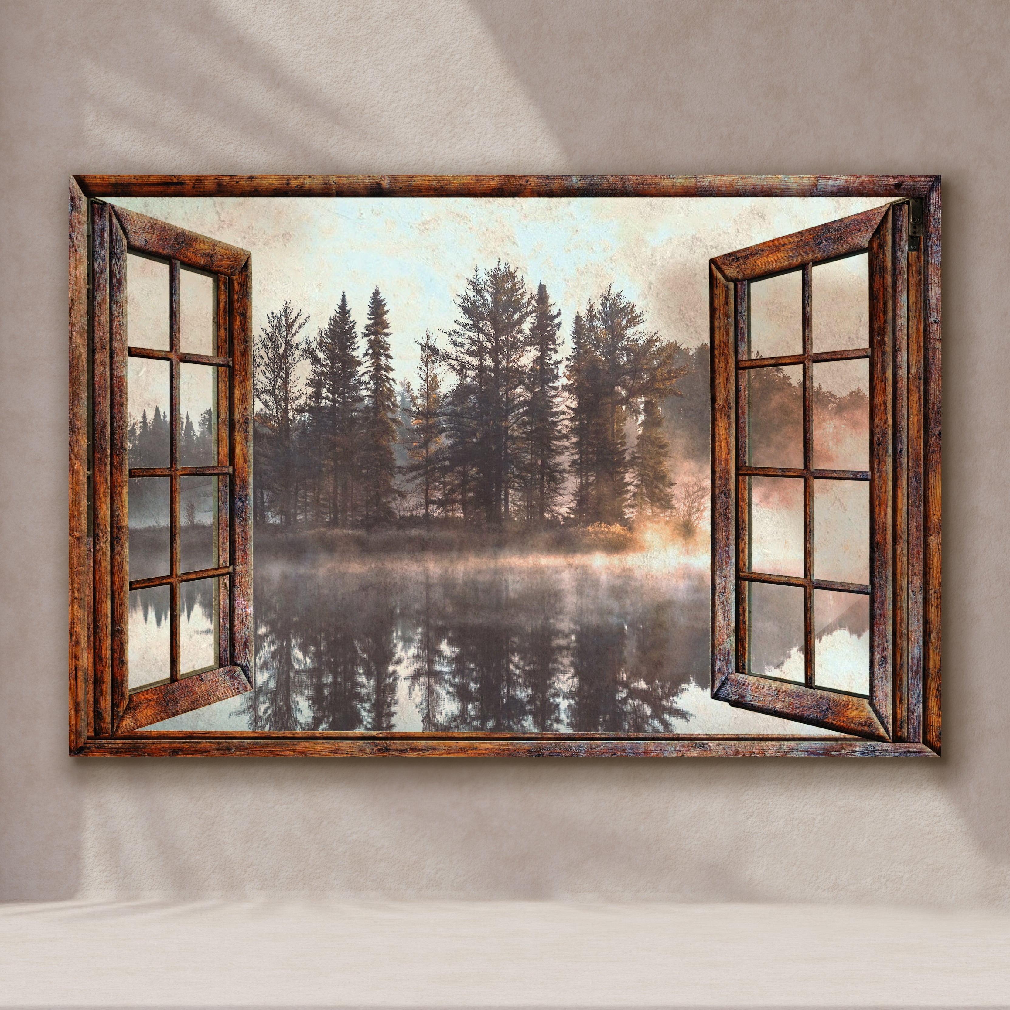 Foggy Autumn Lake View By The Window Canvas Wall Art on sale at MyriadMart