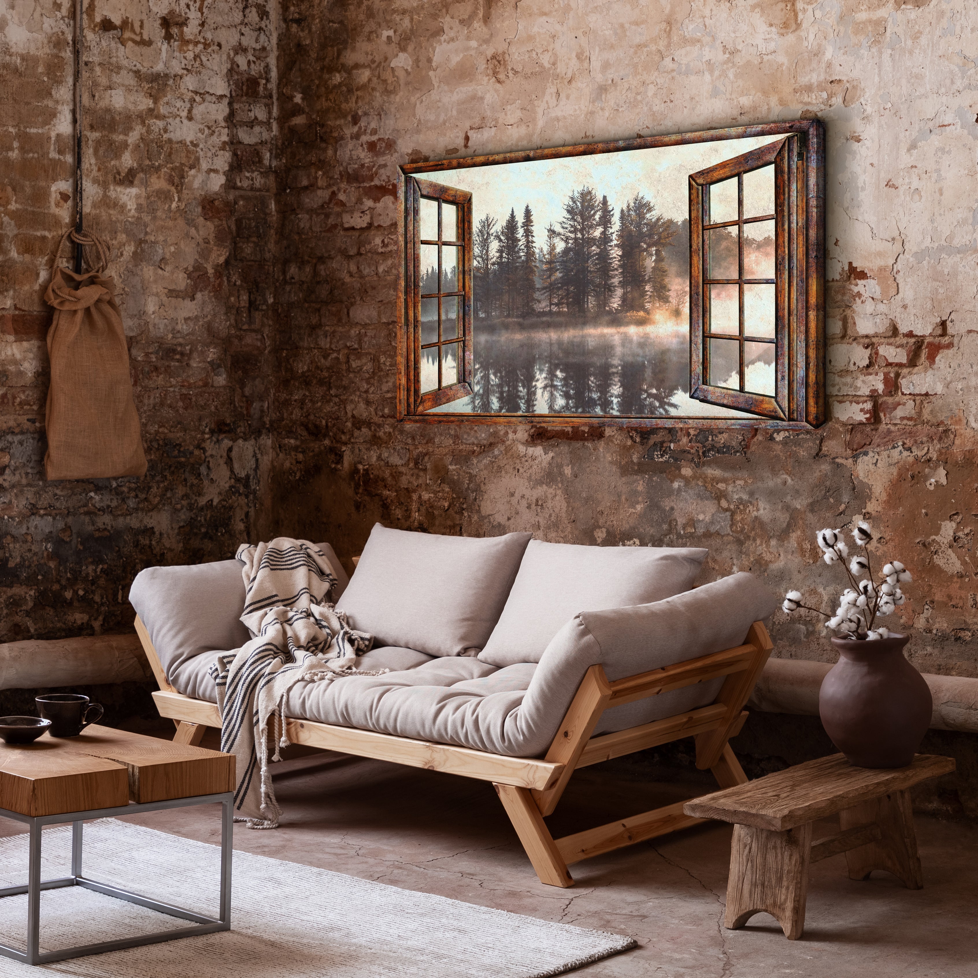 Foggy Autumn Lake View By The Window Canvas Wall Art on sale at MyriadMart