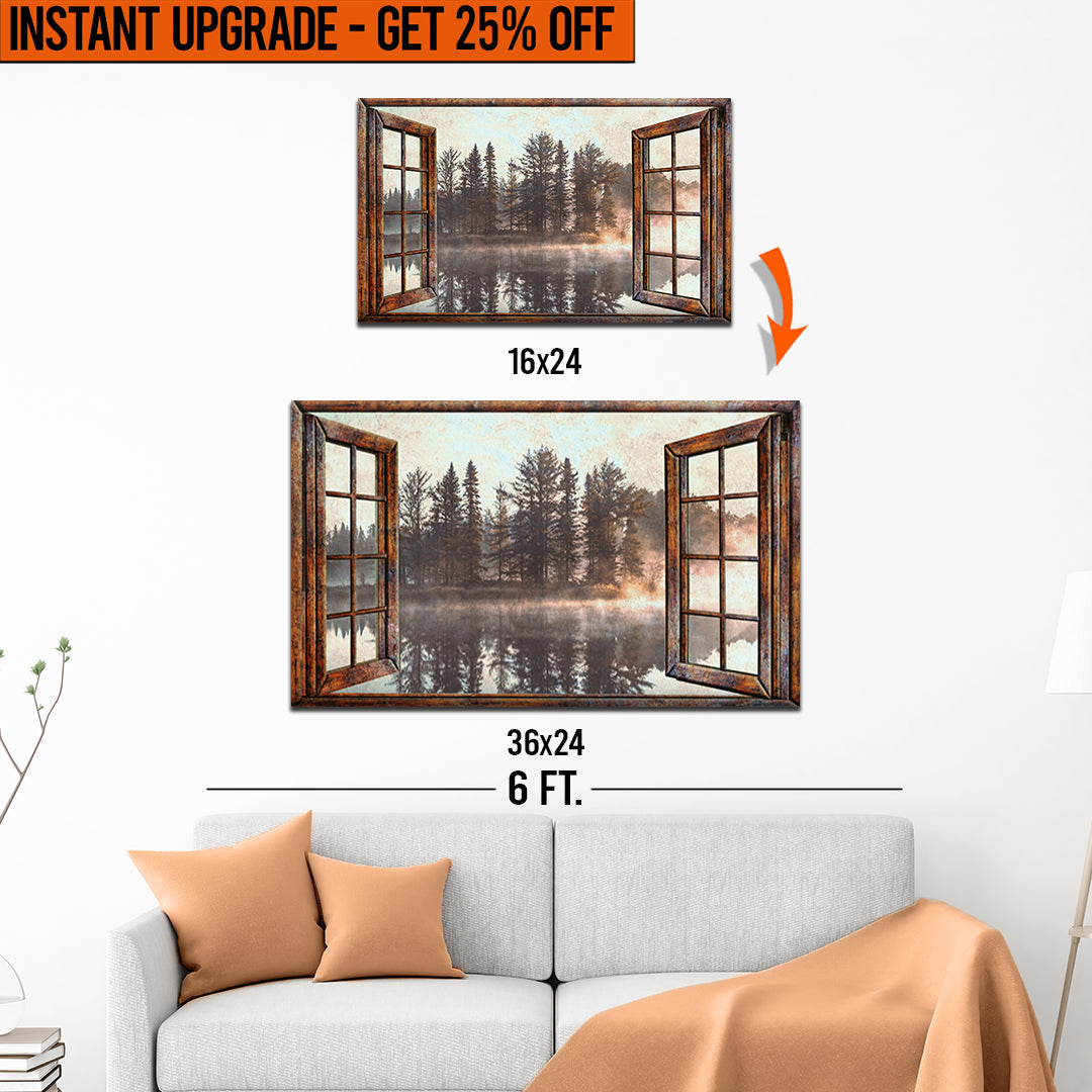 Upgrade Your 16x24 Inches 'Foggy Autumn Lake View By The Window' Canvas To 36x24 Inches on sale at MyriadMart