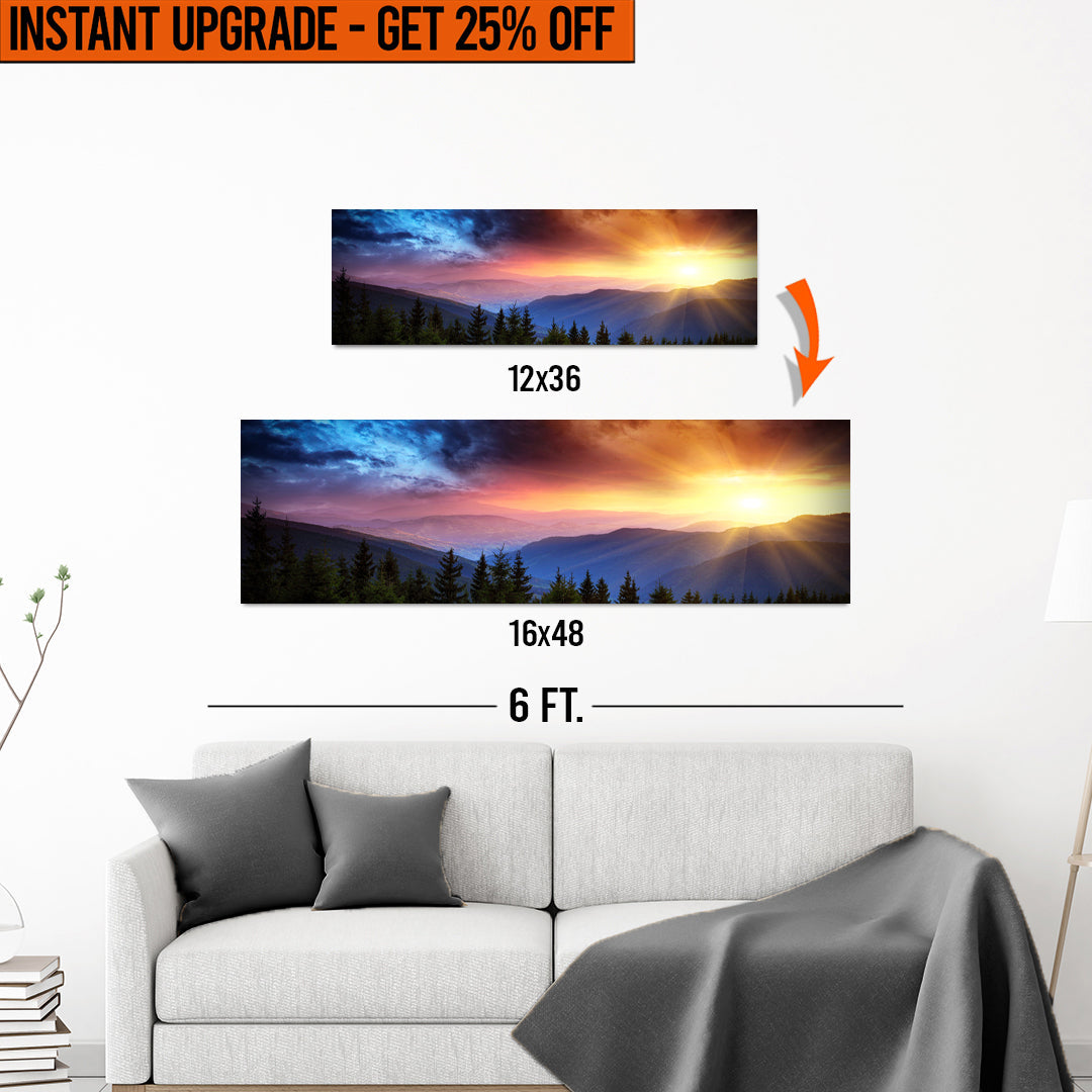 Upgrade Your 12x36 Inches 'Purple And Sunrise' Style 1 Canvas To 16x48 Inches on sale at MyriadMart