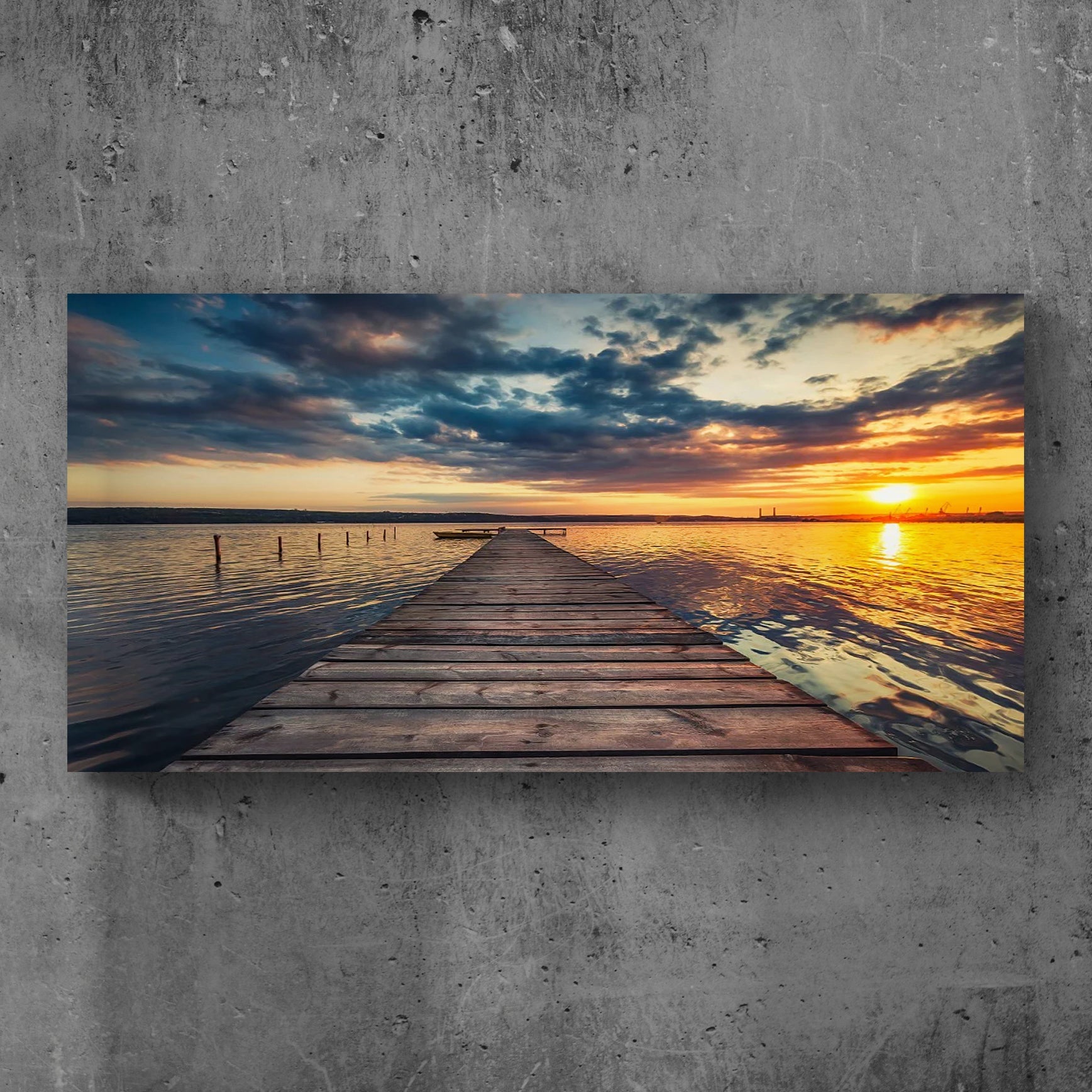 Small Dock By The Vibrant Lake Canvas Wall Art on sale at MyriadMart