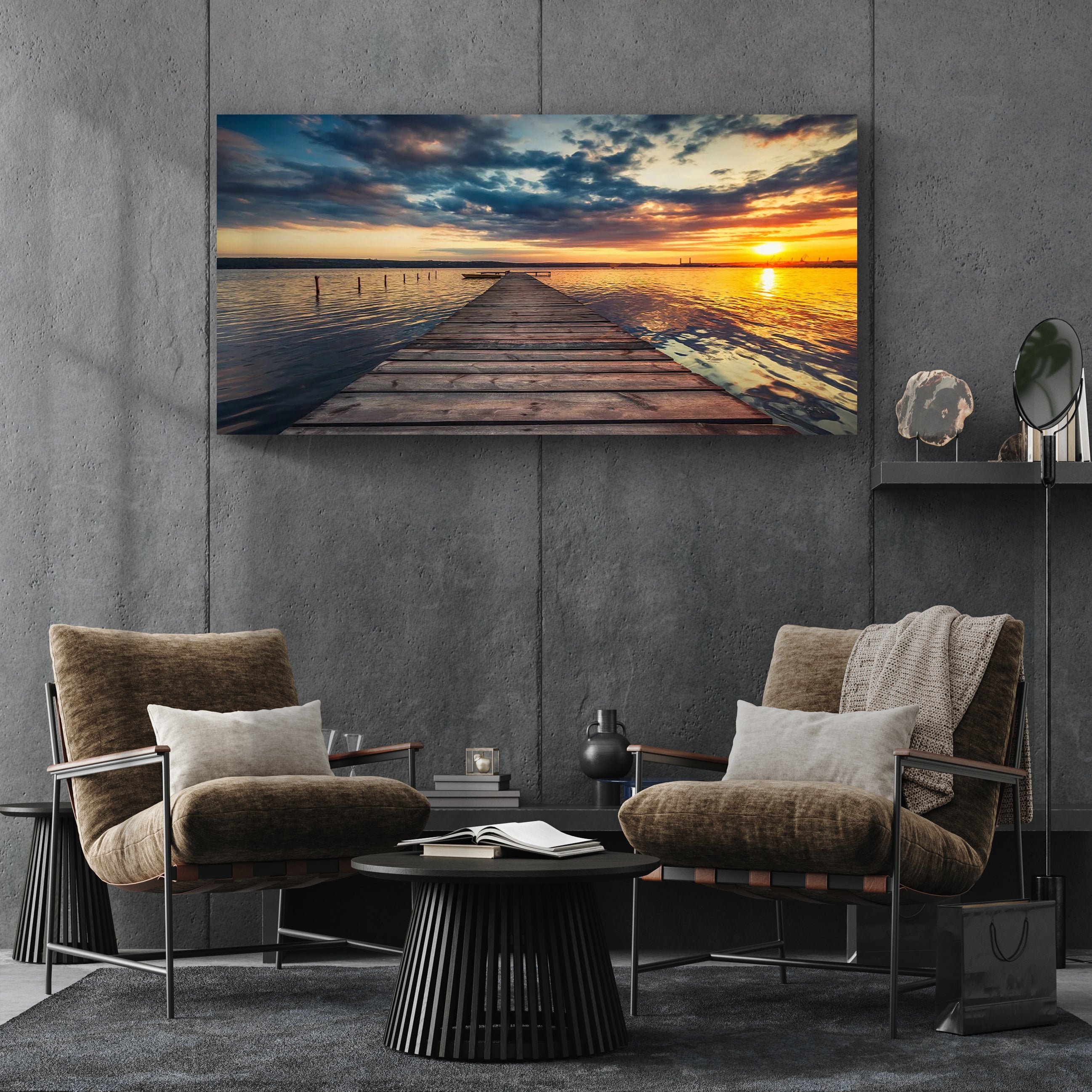 Small Dock By The Vibrant Lake Canvas Wall Art on sale at MyriadMart