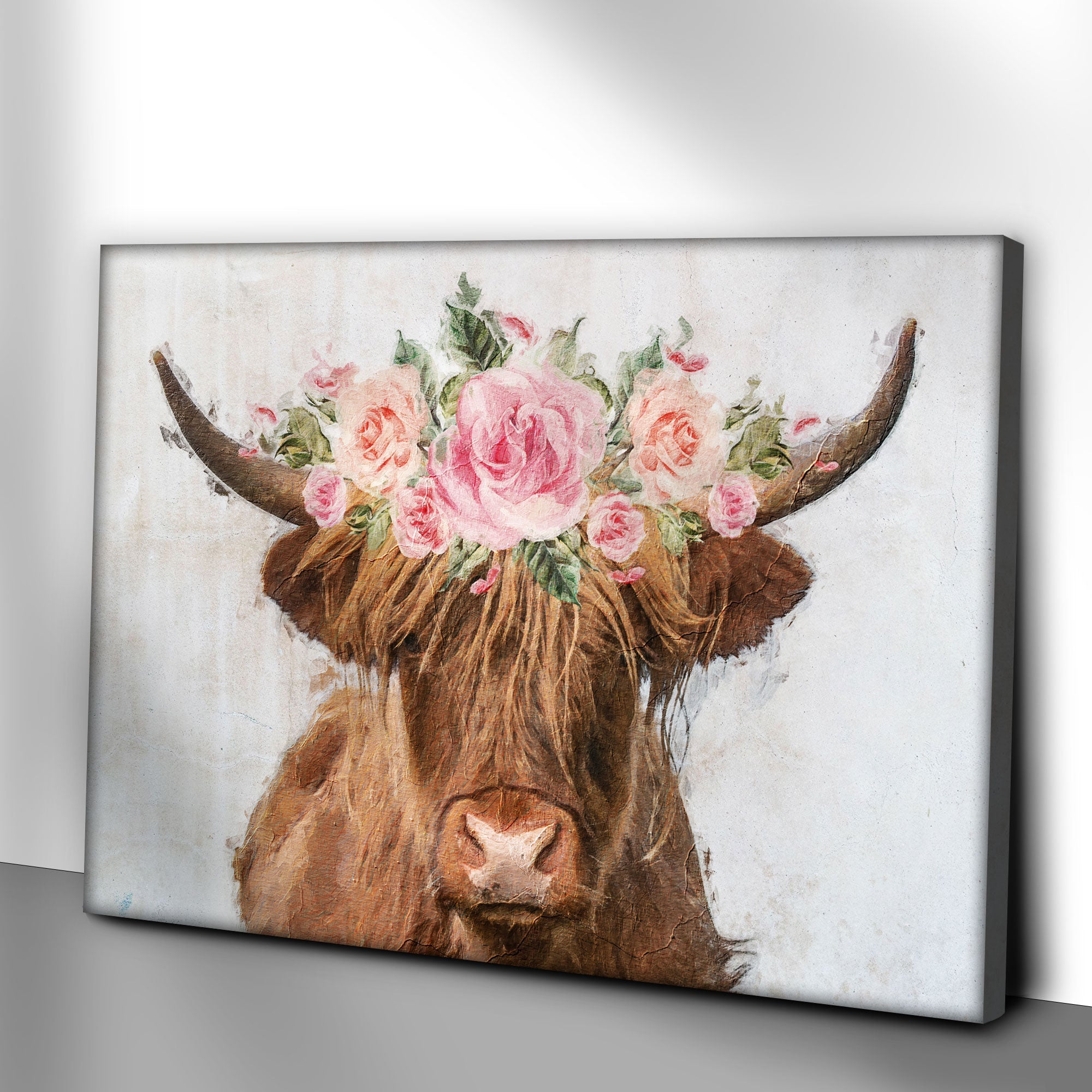 Highland Cow Floral Wreath Painting Canvas Wall Art on sale at MyriadMart