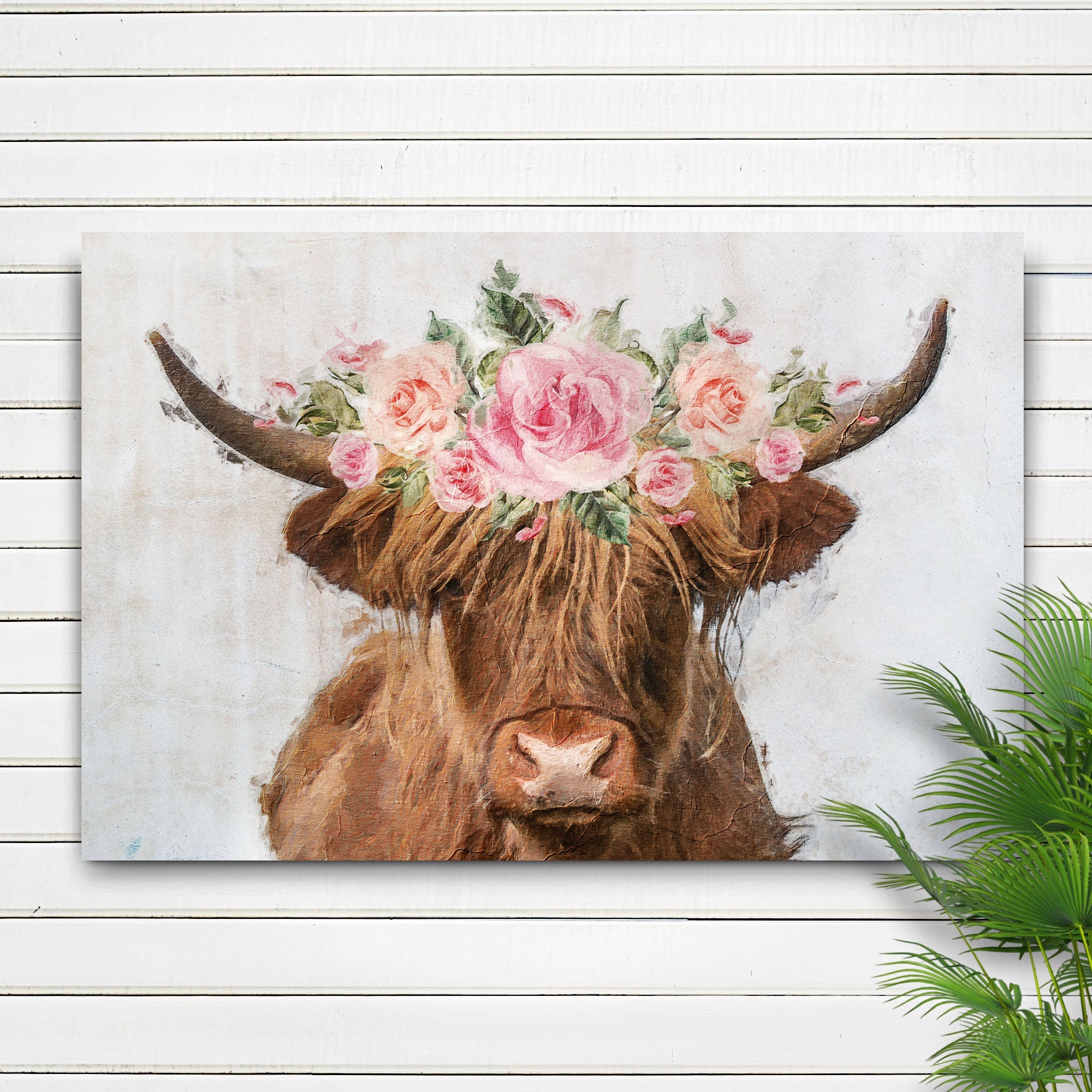 Highland Cow Floral Wreath Painting Canvas Wall Art on sale at MyriadMart