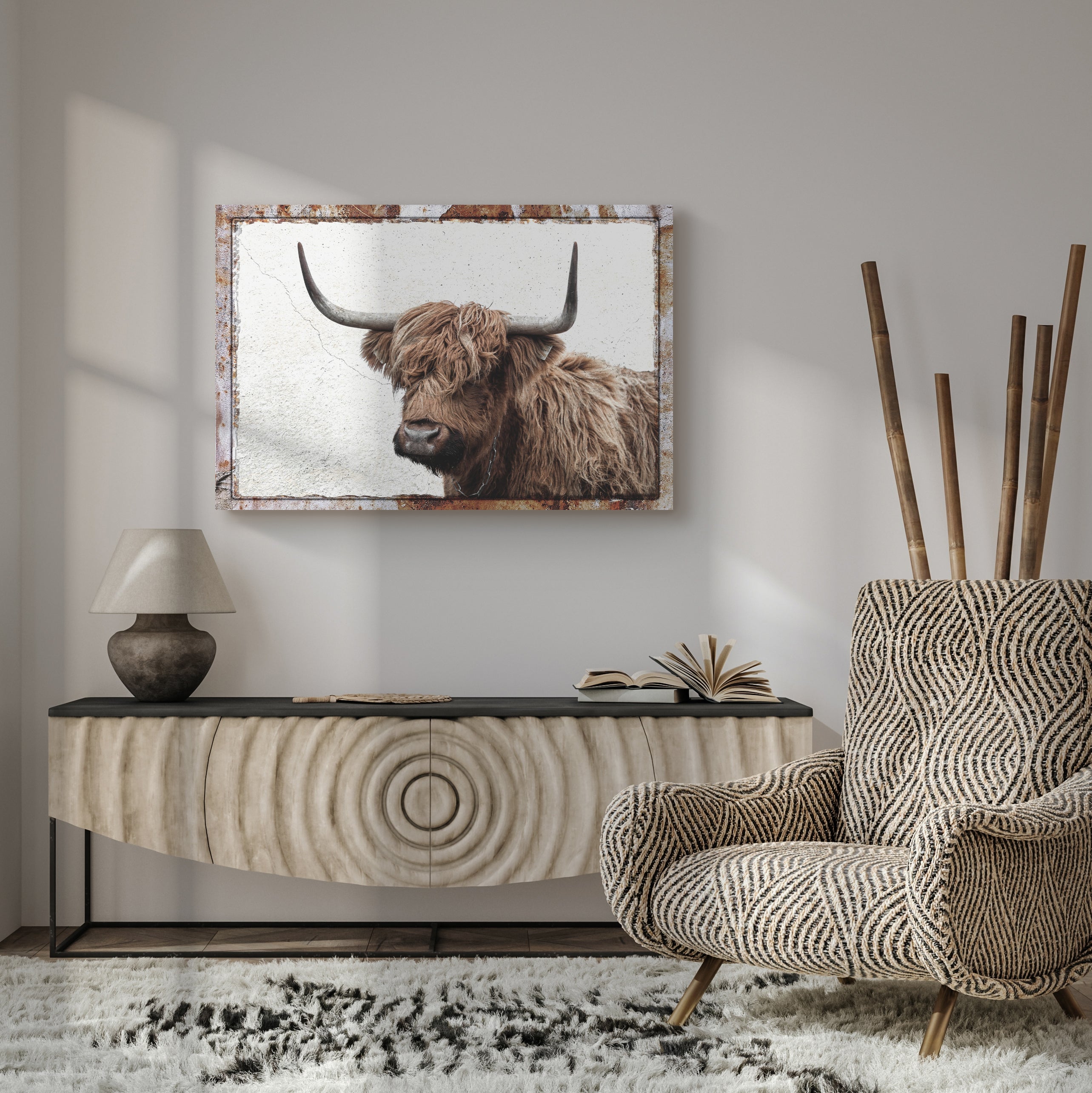 Natural Rustic Highland Cow Canvas Wall Art on sale at MyriadMart