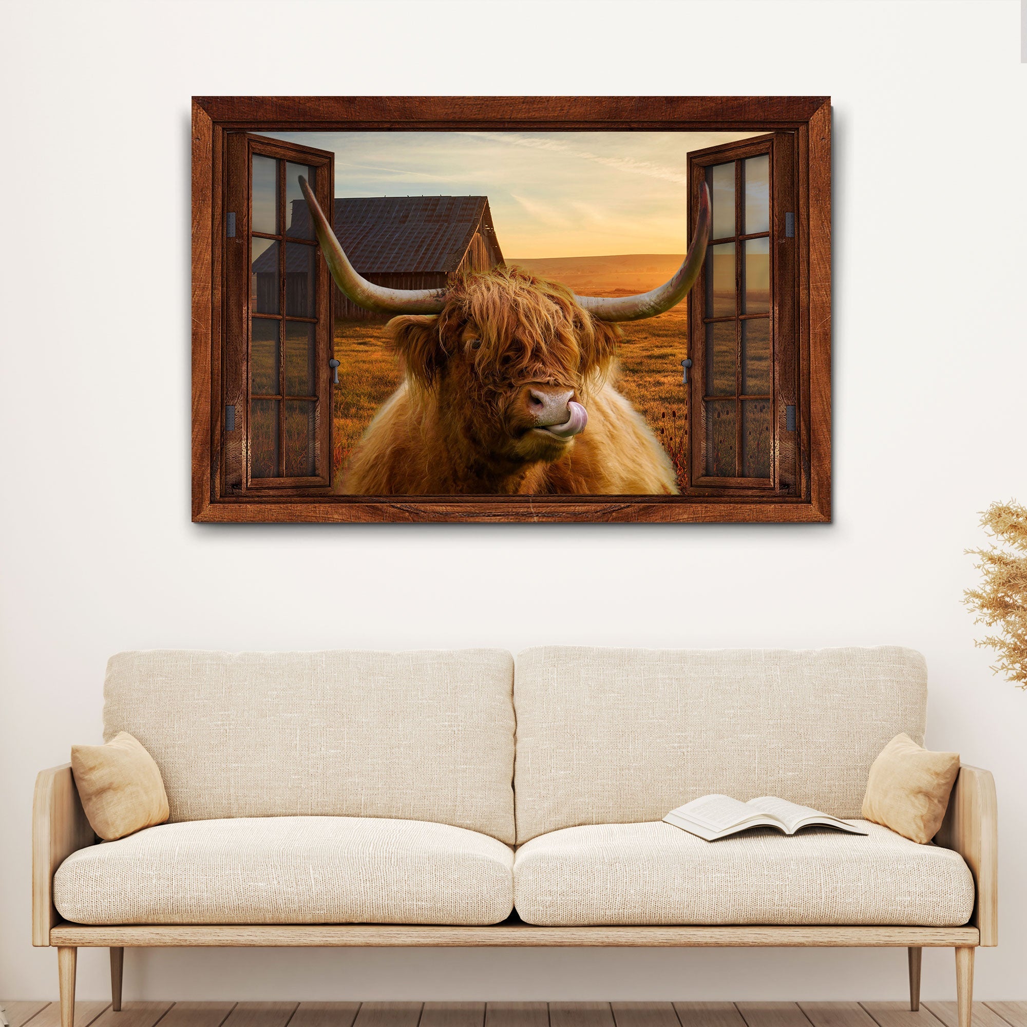 Highland Cow Window View Canvas Wall Art on sale at MyriadMart