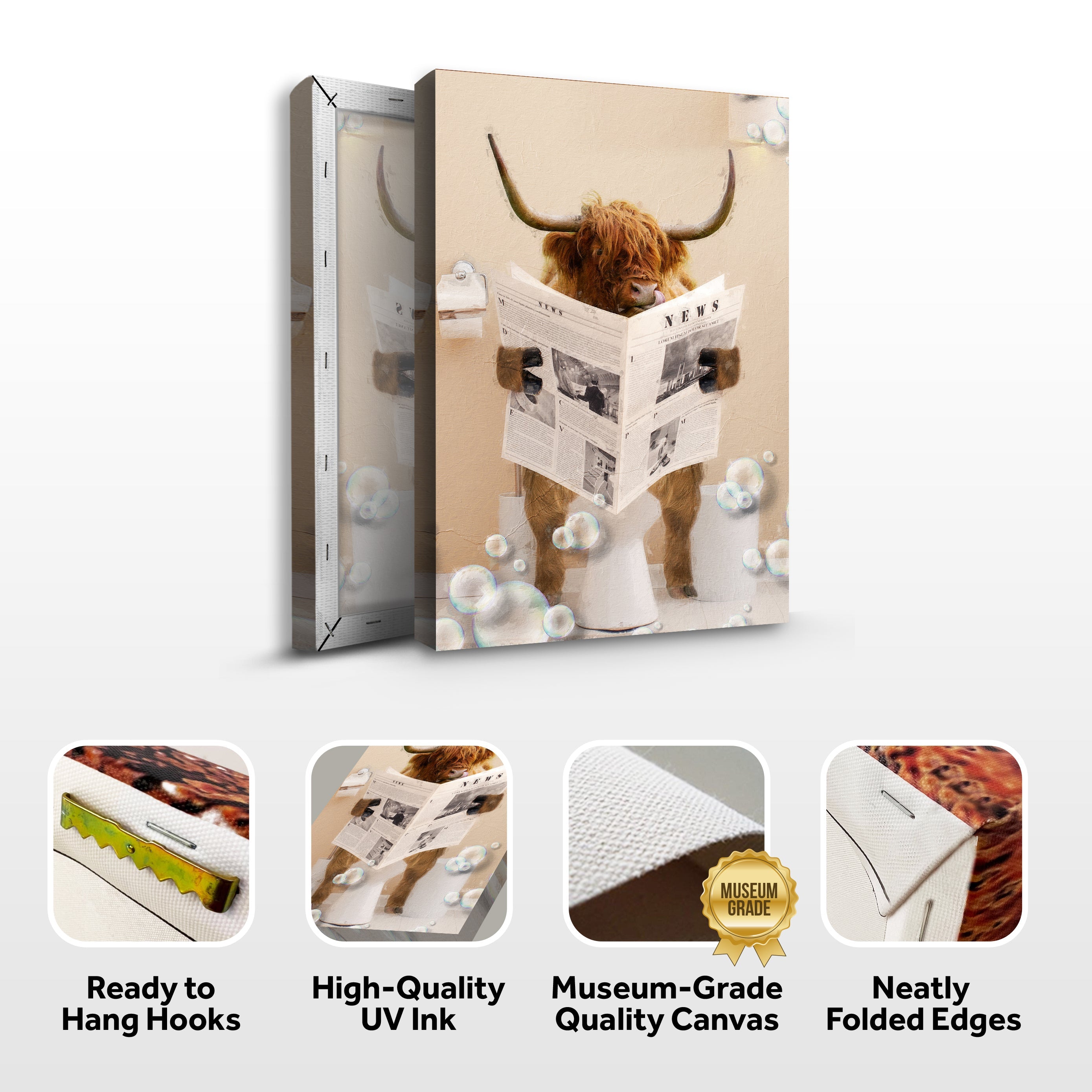 Highland Cow Reading Newspaper Wall Art Canvas on sale at MyriadMart