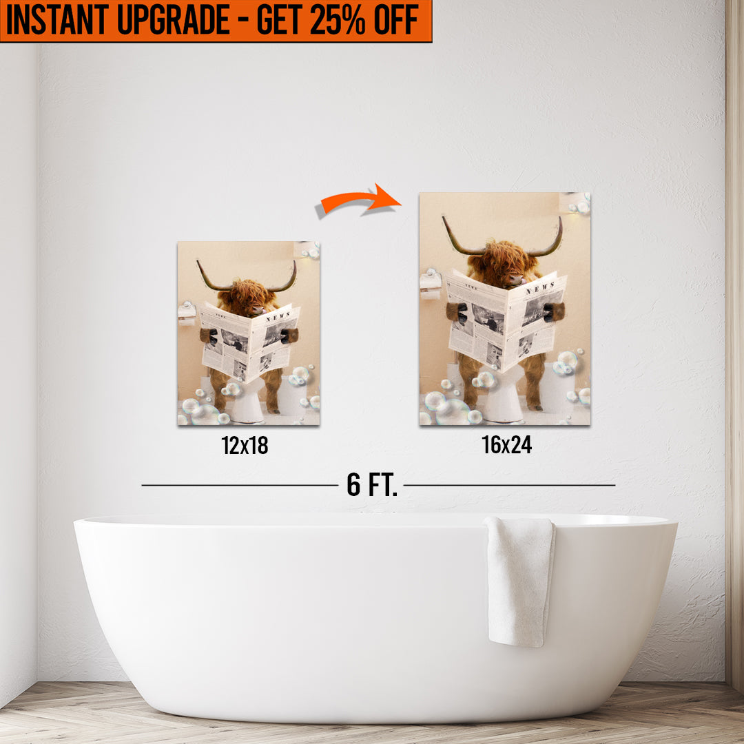 Upgrade Your 12x18 Inches 'Highland Cow Reading Newspaper' Canvas Measuring 16x24 Inches on sale at MyriadMart