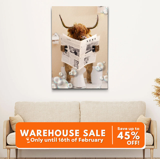 Highland Cow Reading Newspaper Wall Art Canvas on sale at MyriadMart