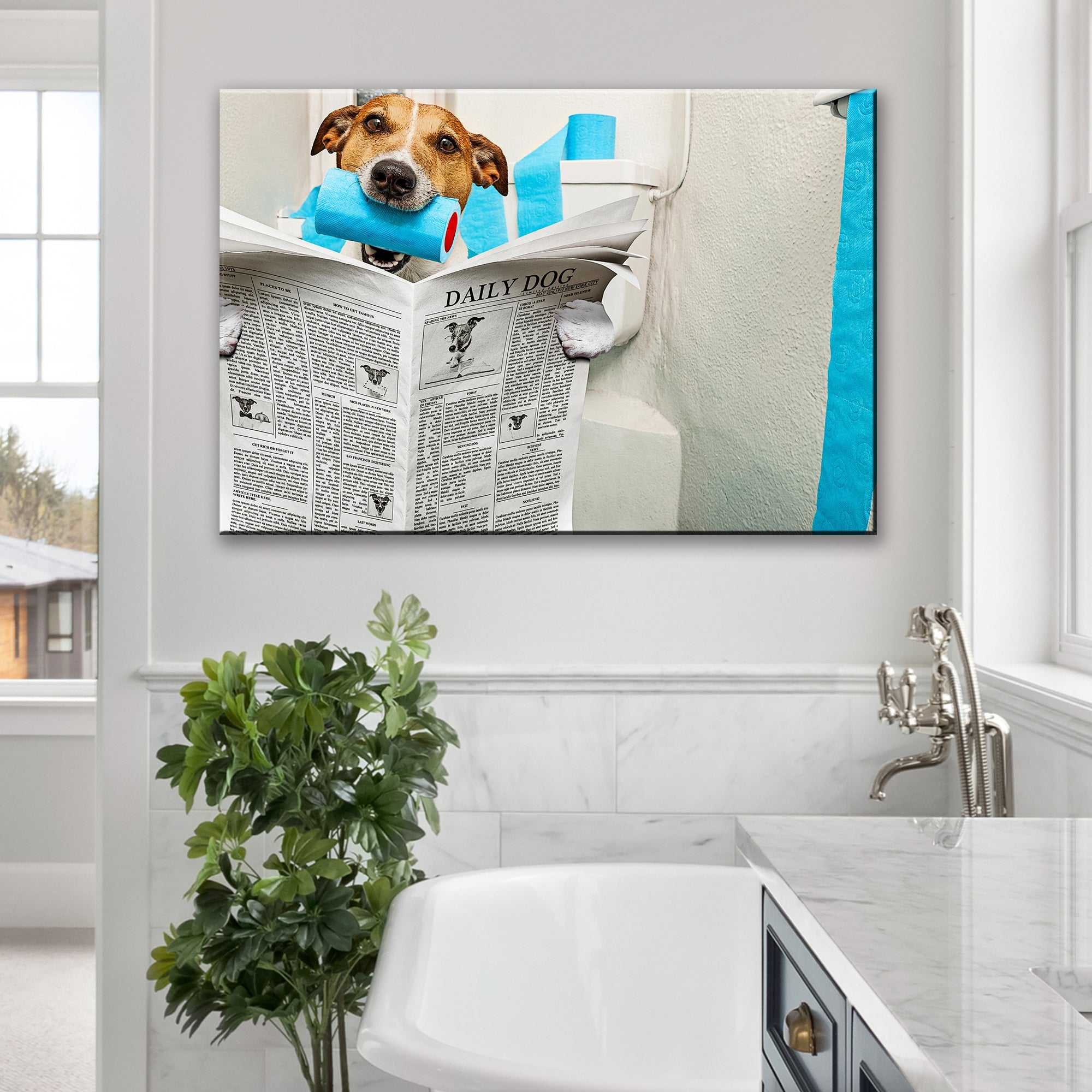 Dog Reading Newspaper On Toilet Canvas Wall Art on sale at MyriadMart