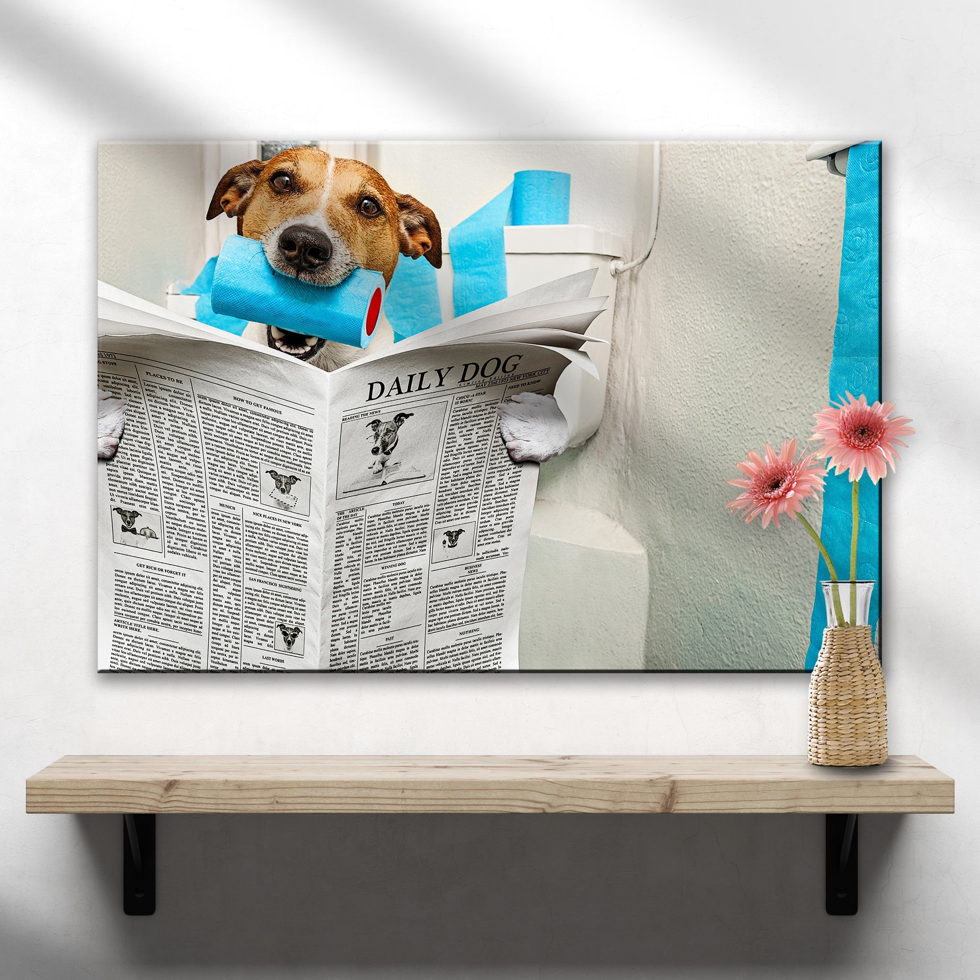 Dog Reading Newspaper On Toilet Canvas Wall Art on sale at MyriadMart